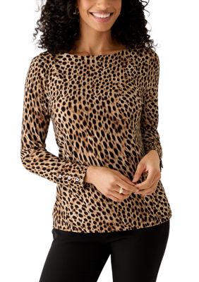 AK Anne Klein Women's Boat Neck Button Sleeve Animal Print Top