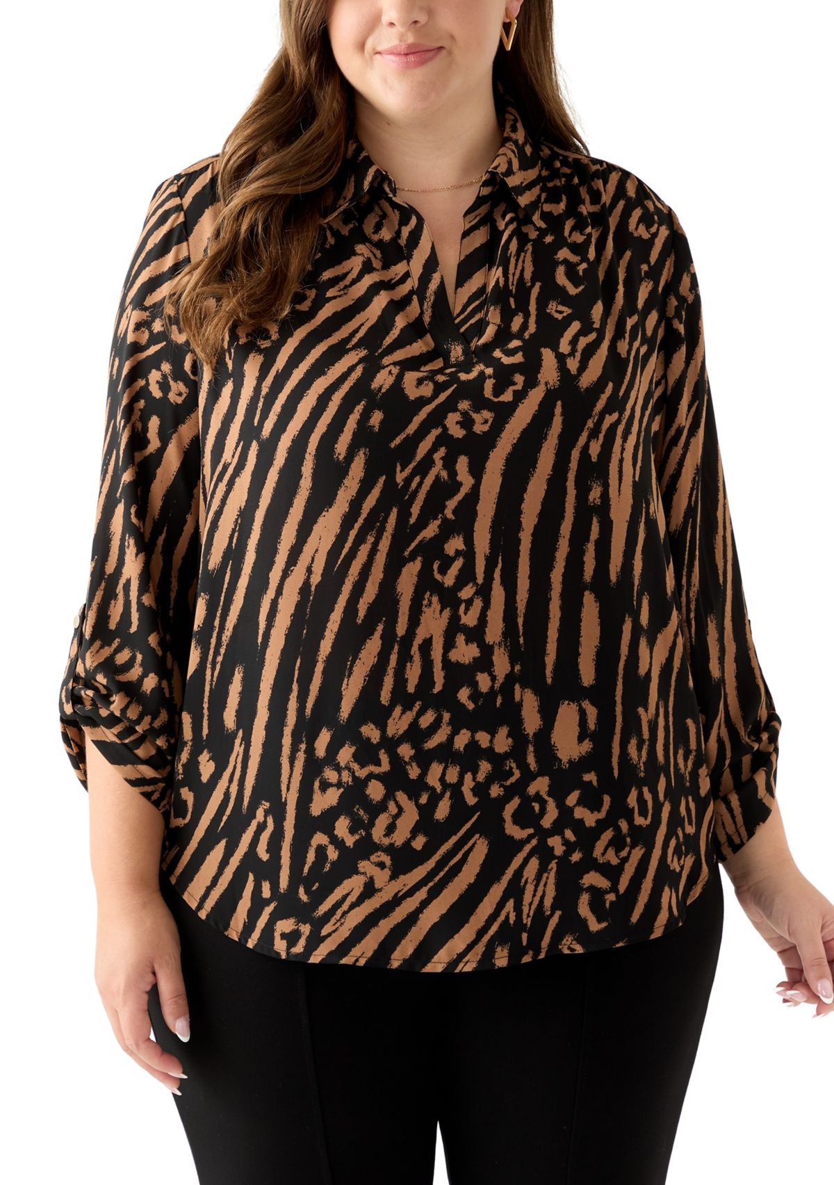 Plus Size Collared V-Neck Shirt with Roll-Tab Sleeves