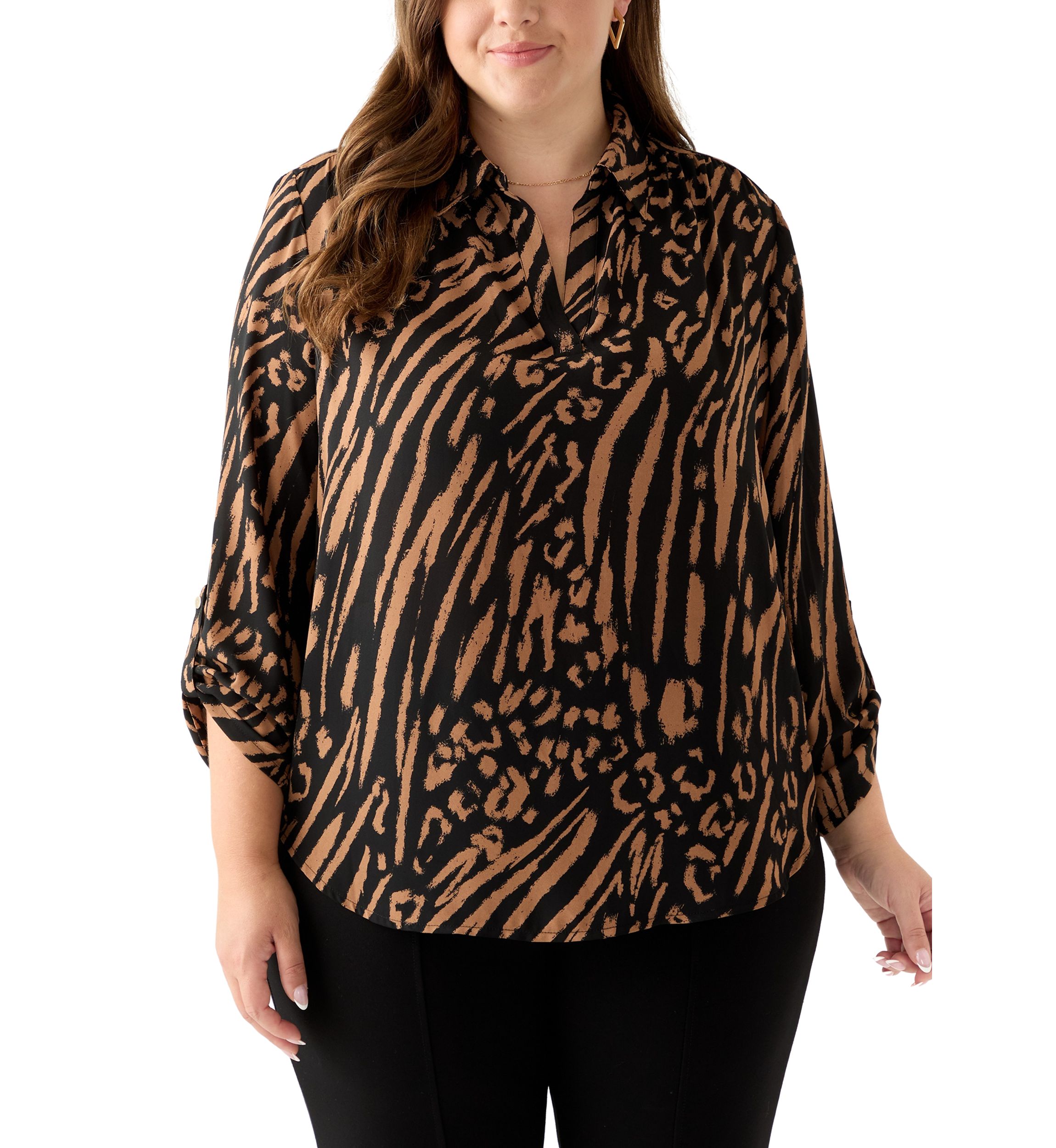 Plus Size Collared V-Neck Shirt with Roll-Tab Sleeves