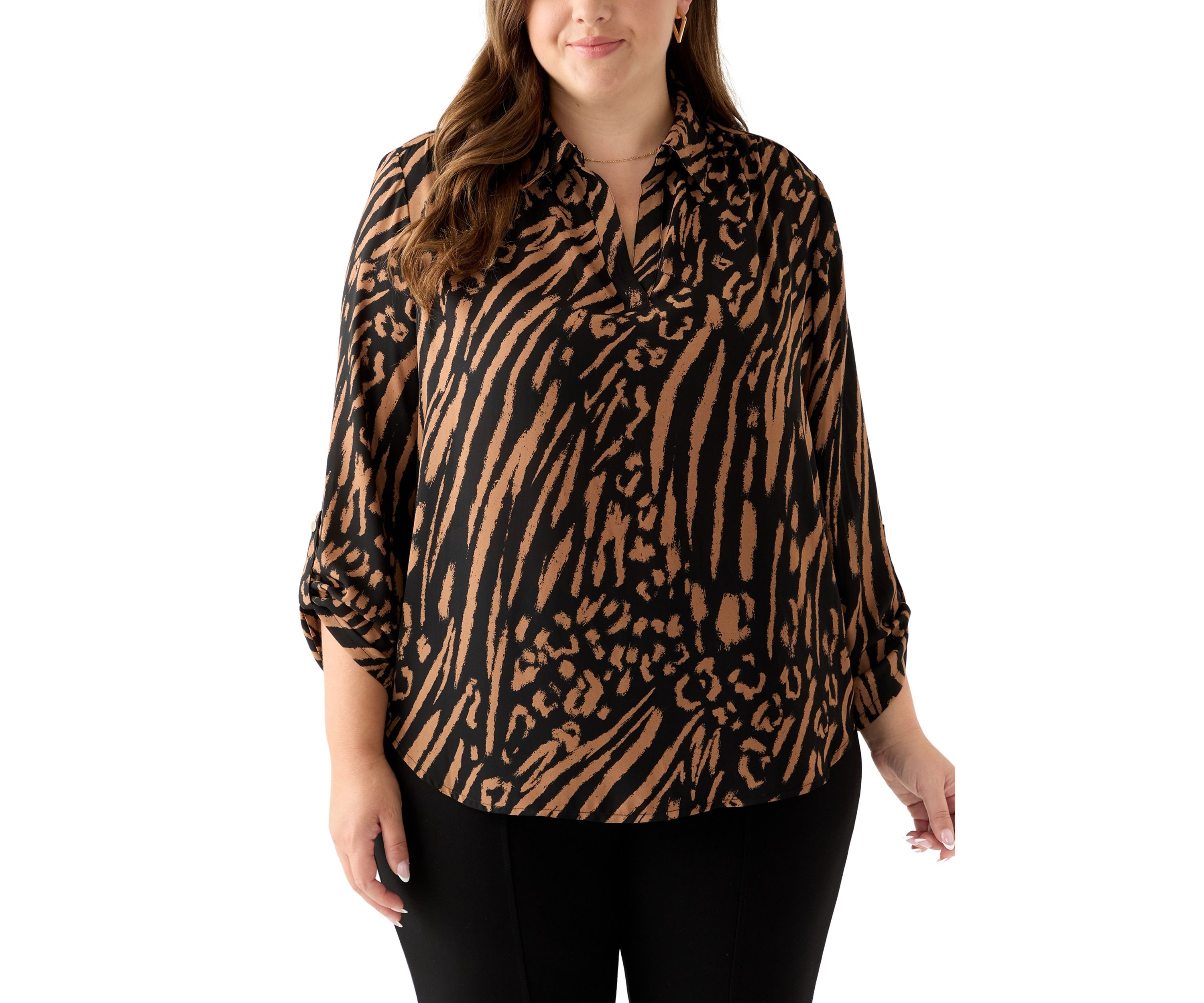 Plus Size Collared V-Neck Shirt with Roll-Tab Sleeves