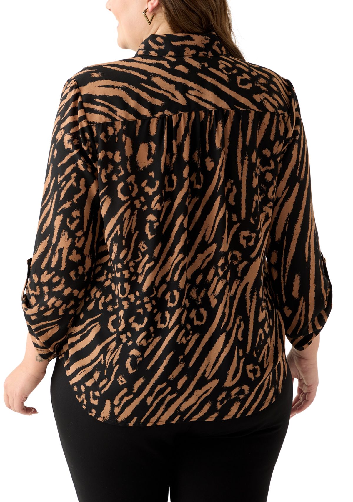 Plus Size Collared V-Neck Shirt with Roll-Tab Sleeves