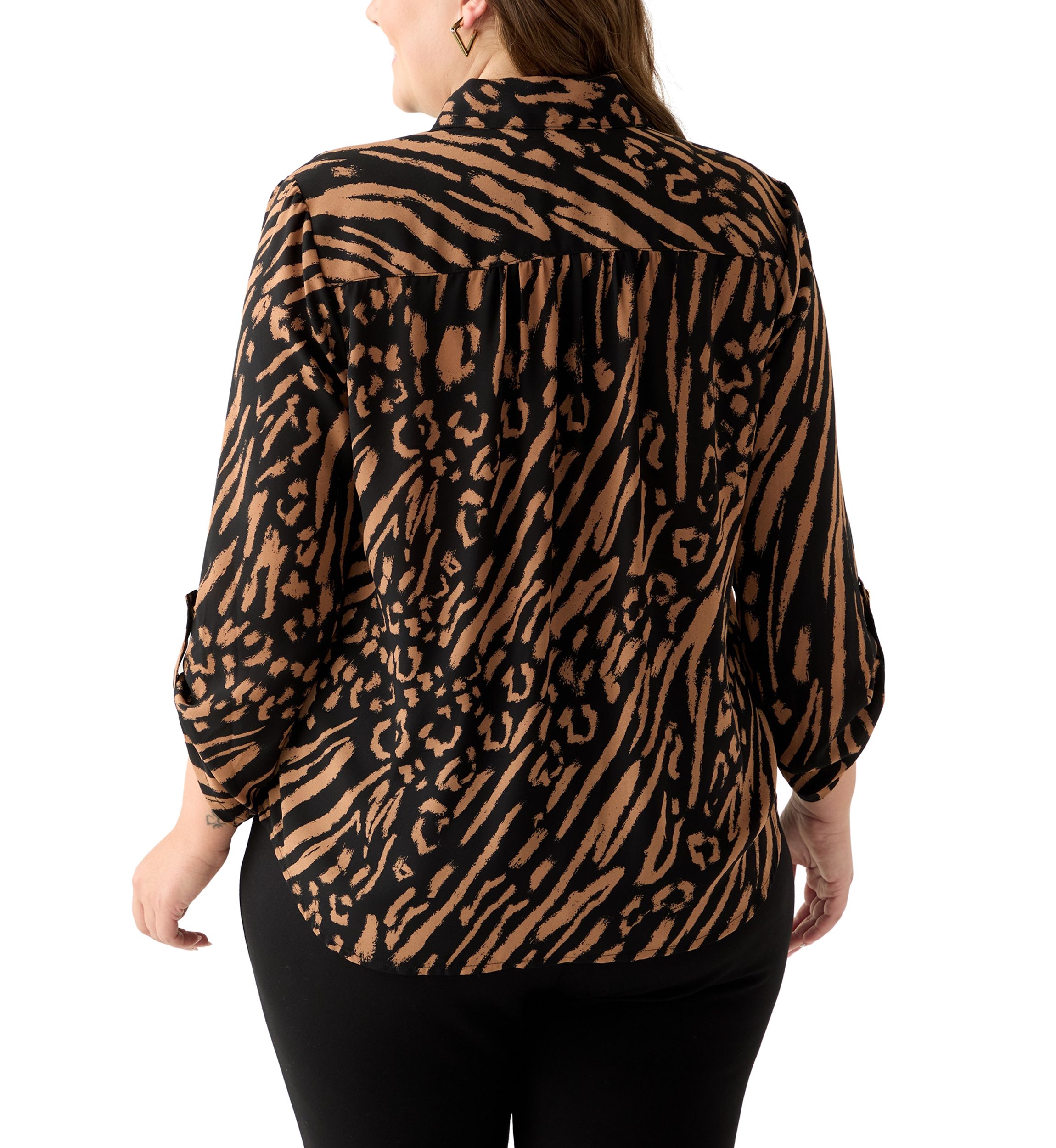 Plus Size Collared V-Neck Shirt with Roll-Tab Sleeves
