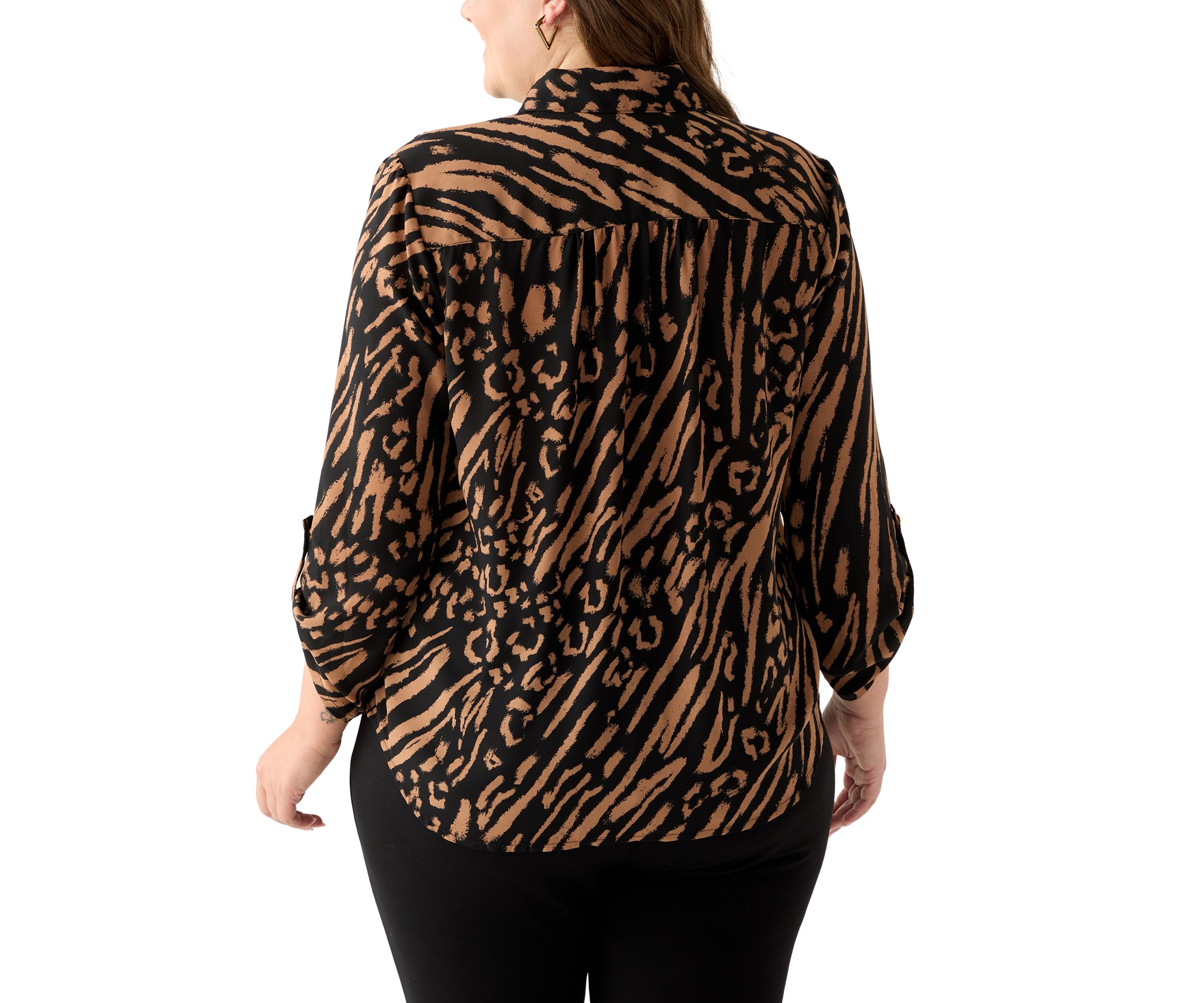Plus Size Collared V-Neck Shirt with Roll-Tab Sleeves
