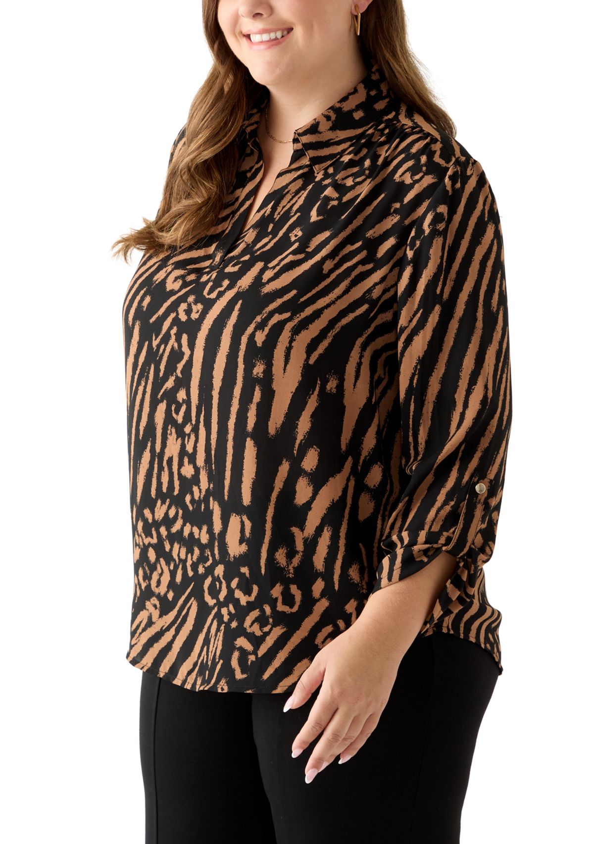 Plus Size Collared V-Neck Shirt with Roll-Tab Sleeves