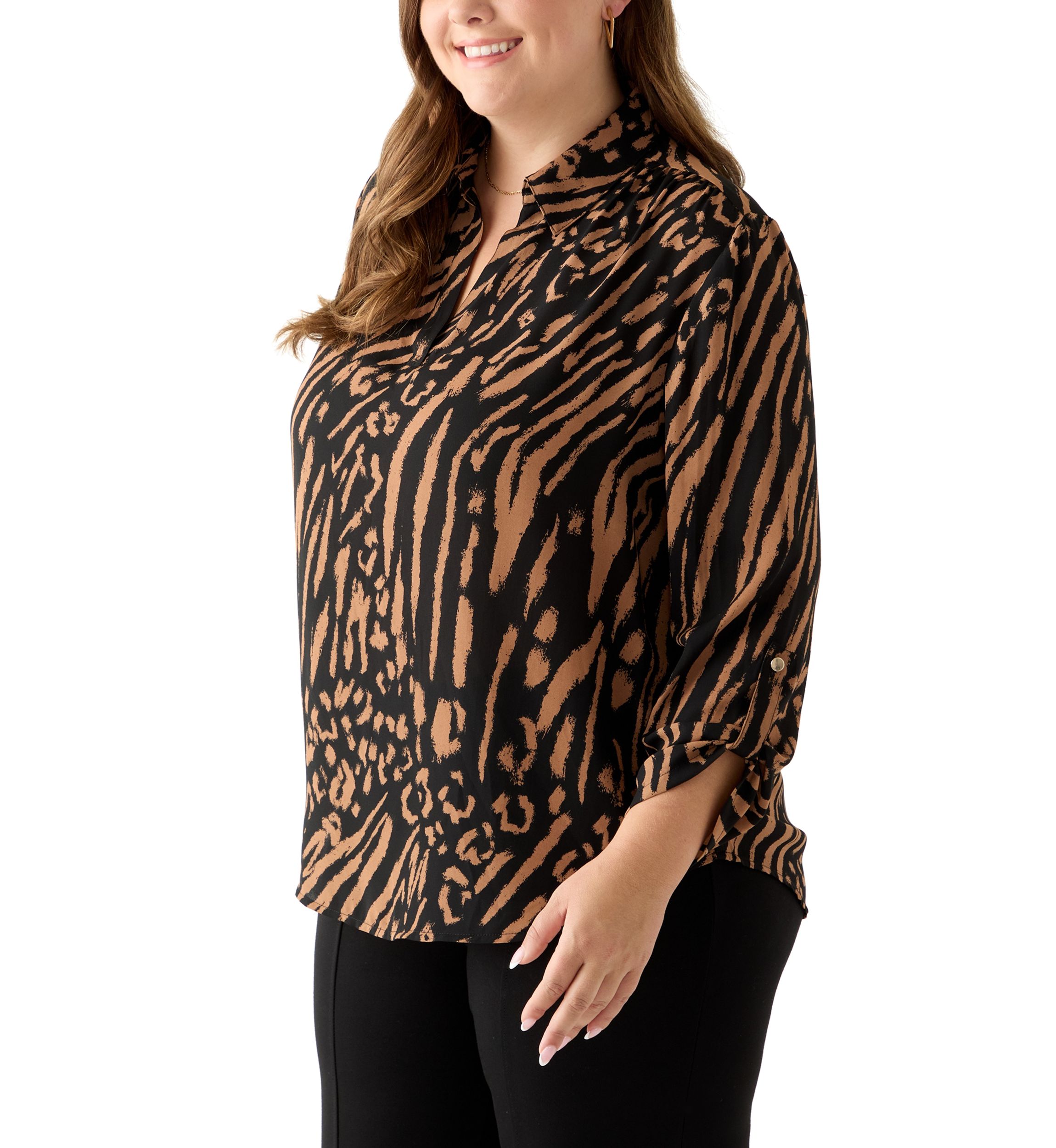 Plus Size Collared V-Neck Shirt with Roll-Tab Sleeves