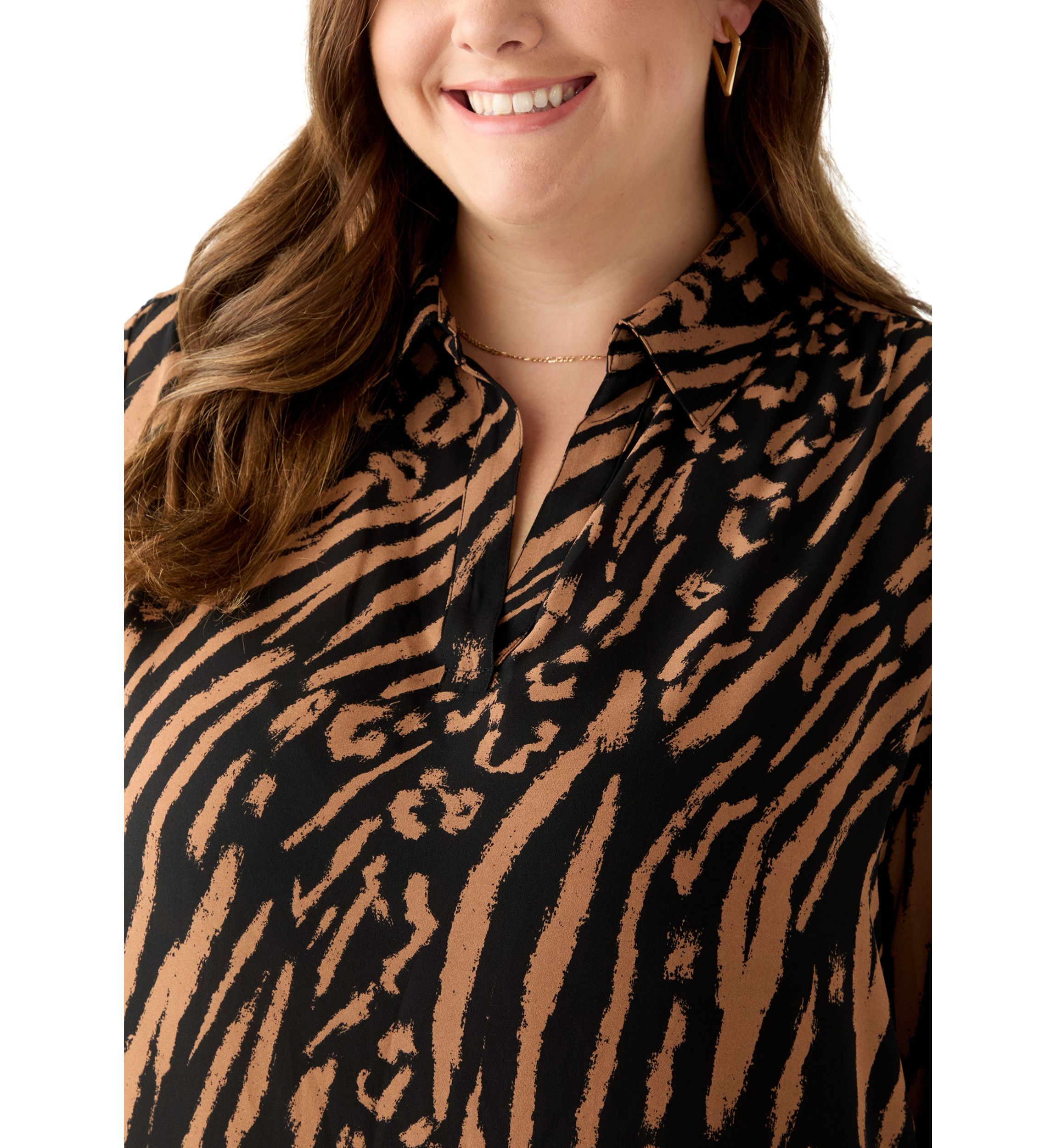 Plus Size Collared V-Neck Shirt with Roll-Tab Sleeves