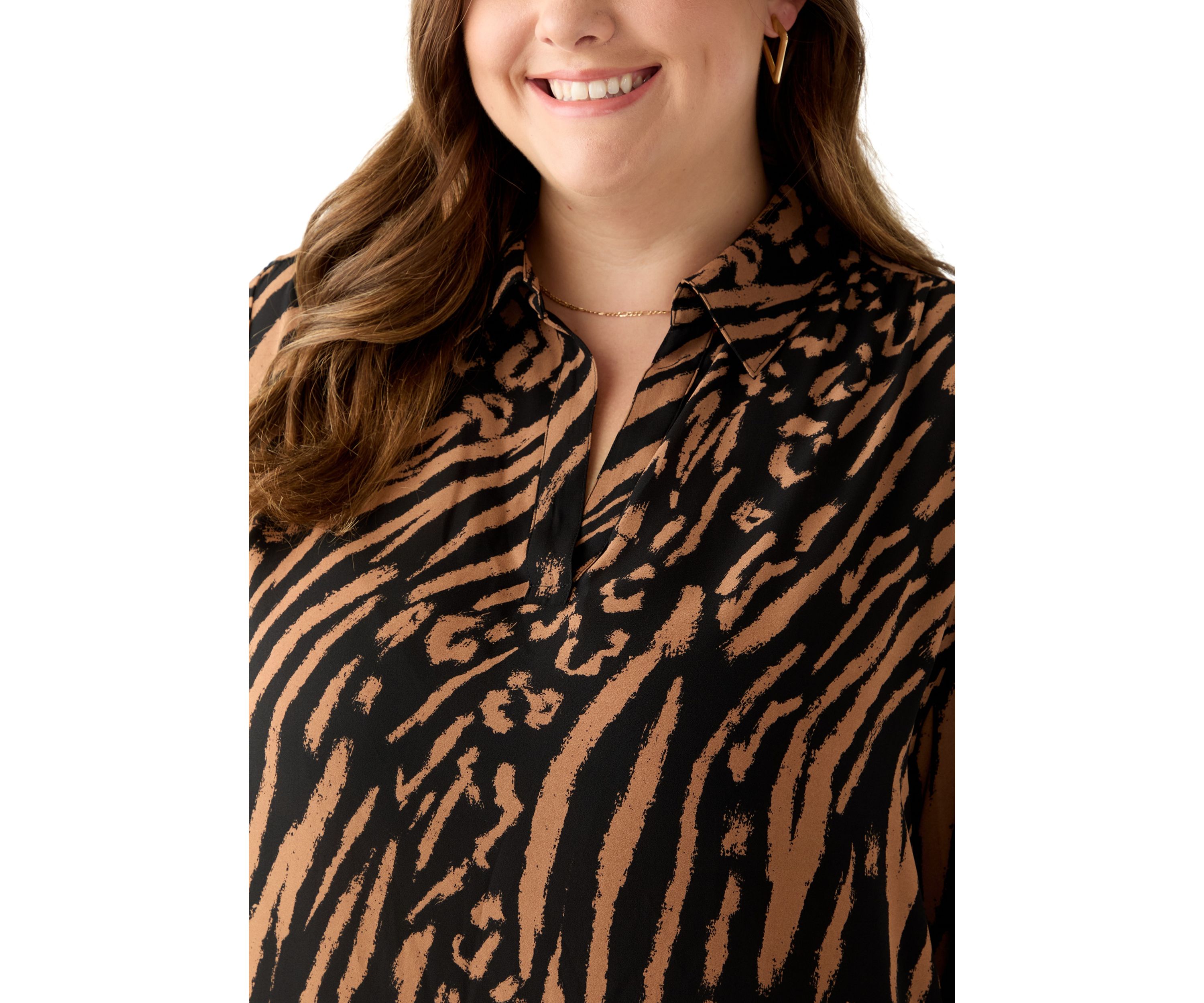 Plus Size Collared V-Neck Shirt with Roll-Tab Sleeves