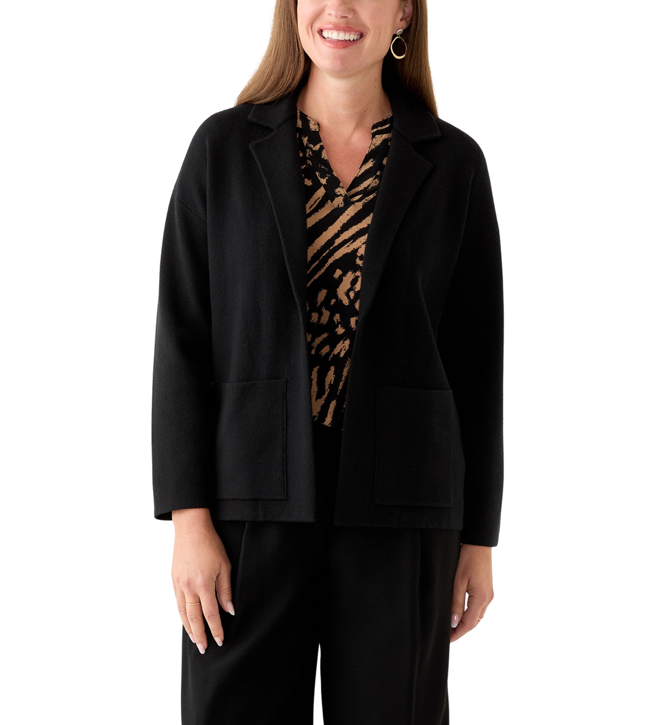 Petite Long Sleeve Notch Vollar Sweater