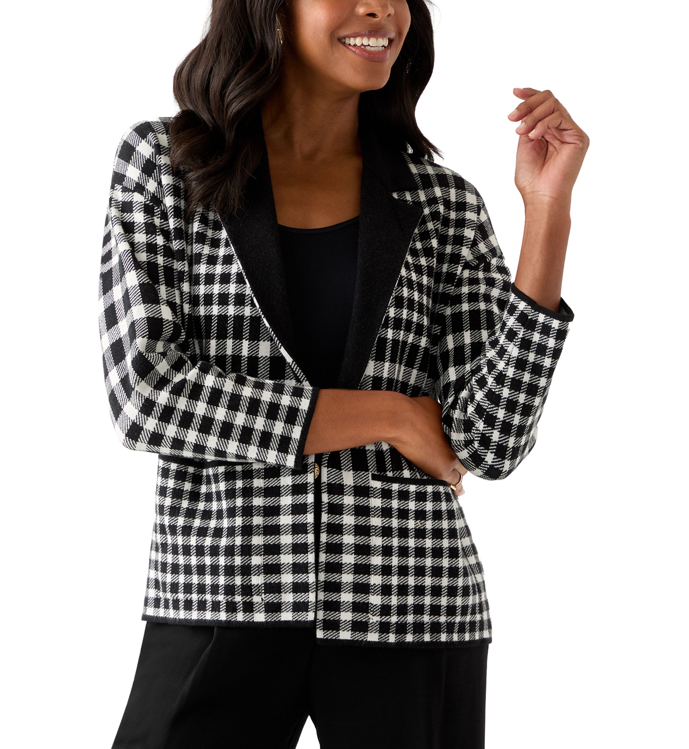 Petite Long Sleeve Notch Collar Plaid Blazer