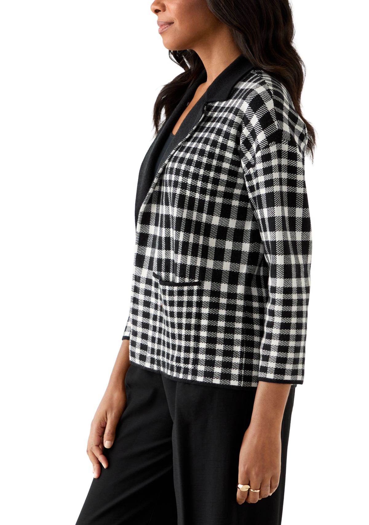 Petite Long Sleeve Notch Collar Plaid Blazer