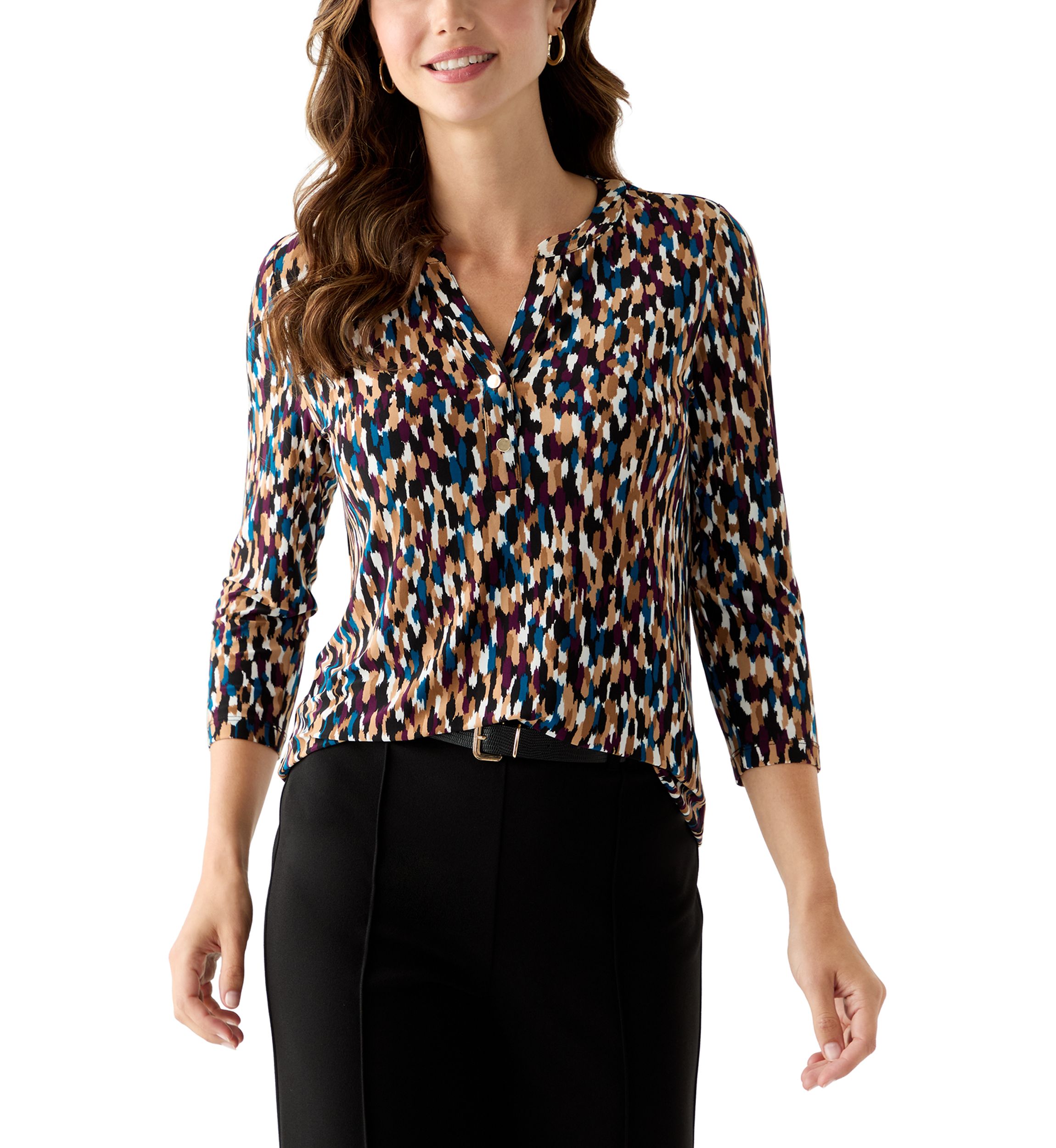 Womens 3/4 Sleeve Printed Henley Top