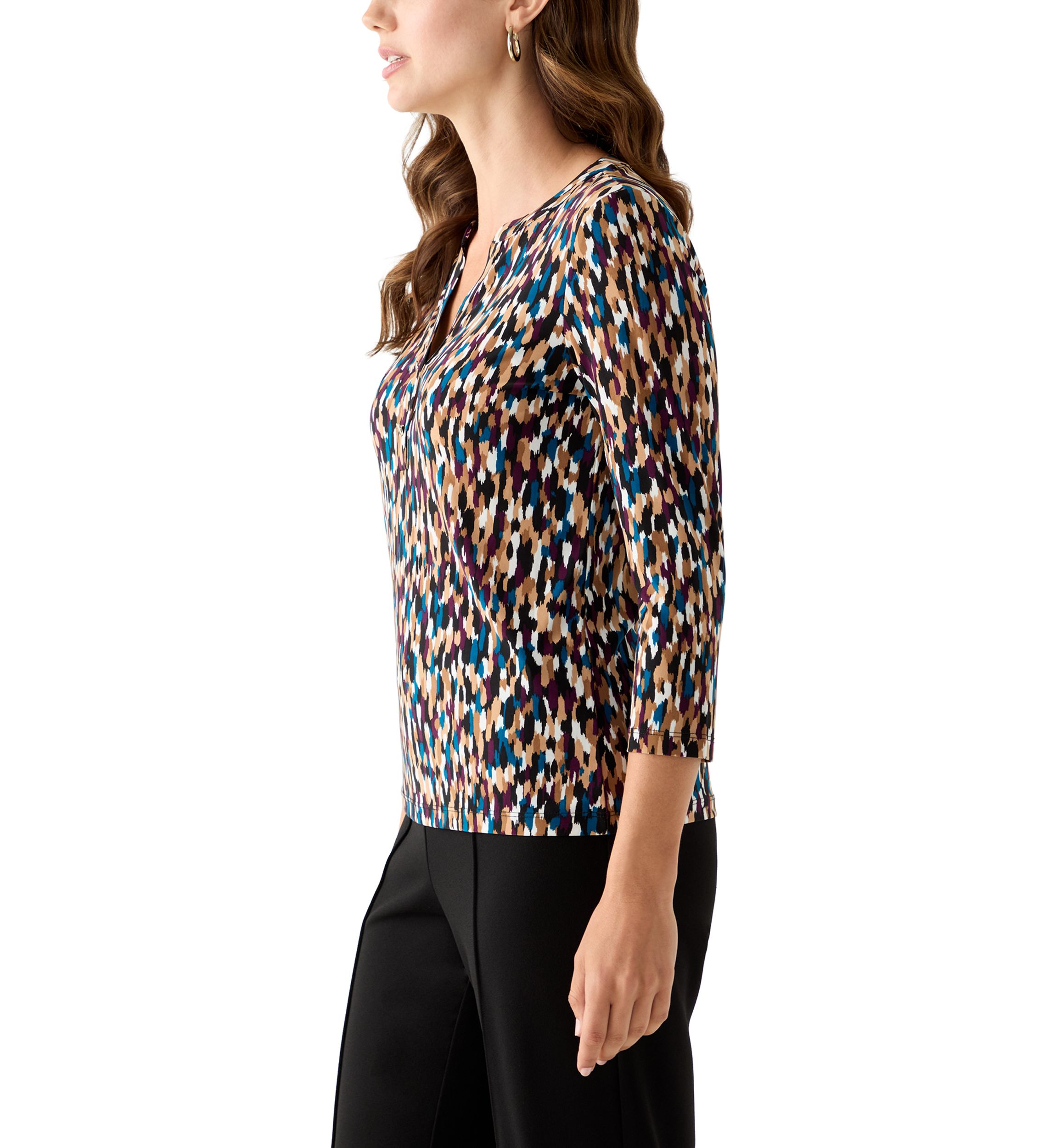 Womens 3/4 Sleeve Printed Henley Top