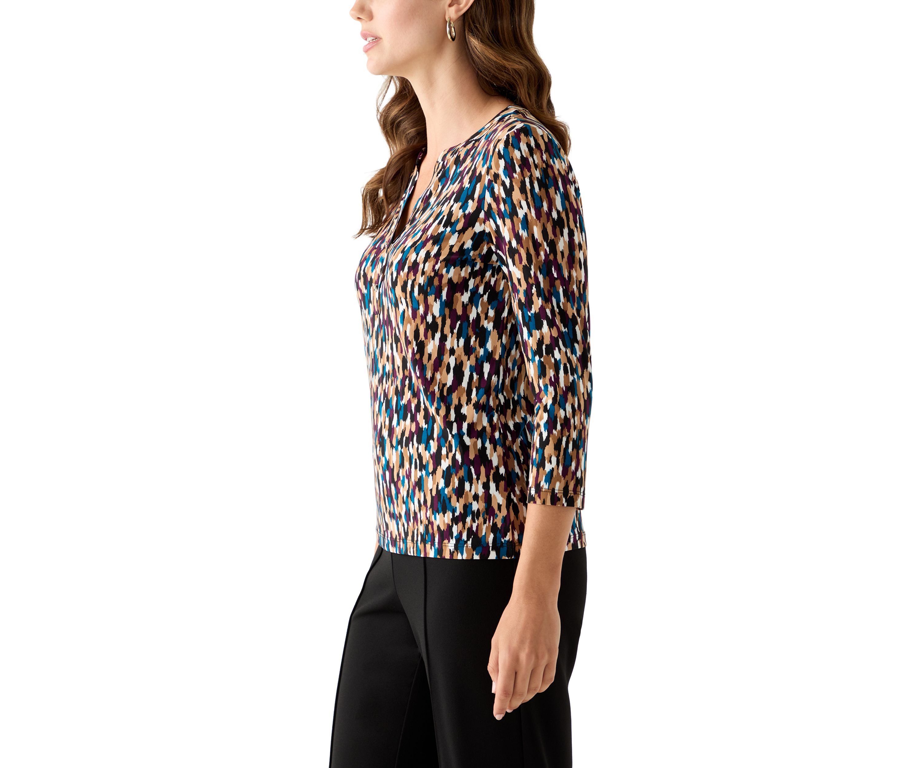 Womens 3/4 Sleeve Printed Henley Top