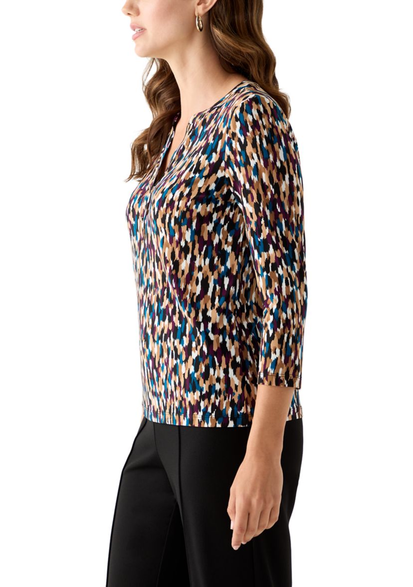 Womens 3/4 Sleeve Printed Henley Top