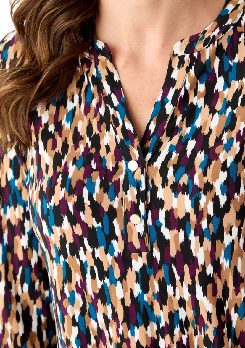 Womens 3/4 Sleeve Printed Henley Top