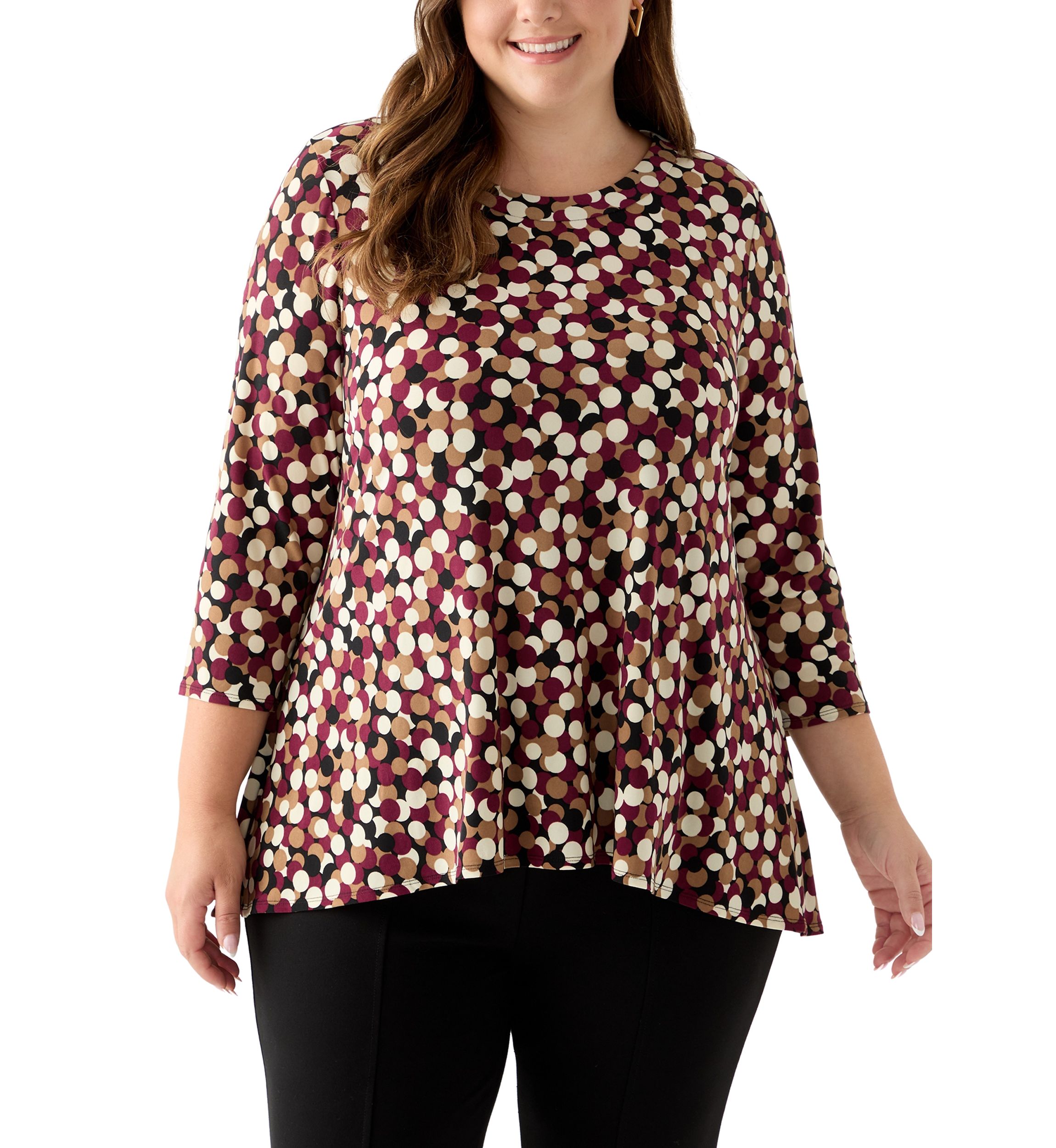 Plus Size 3/4 Drop Shoulder Printed Sharkbite Hem Tunic 