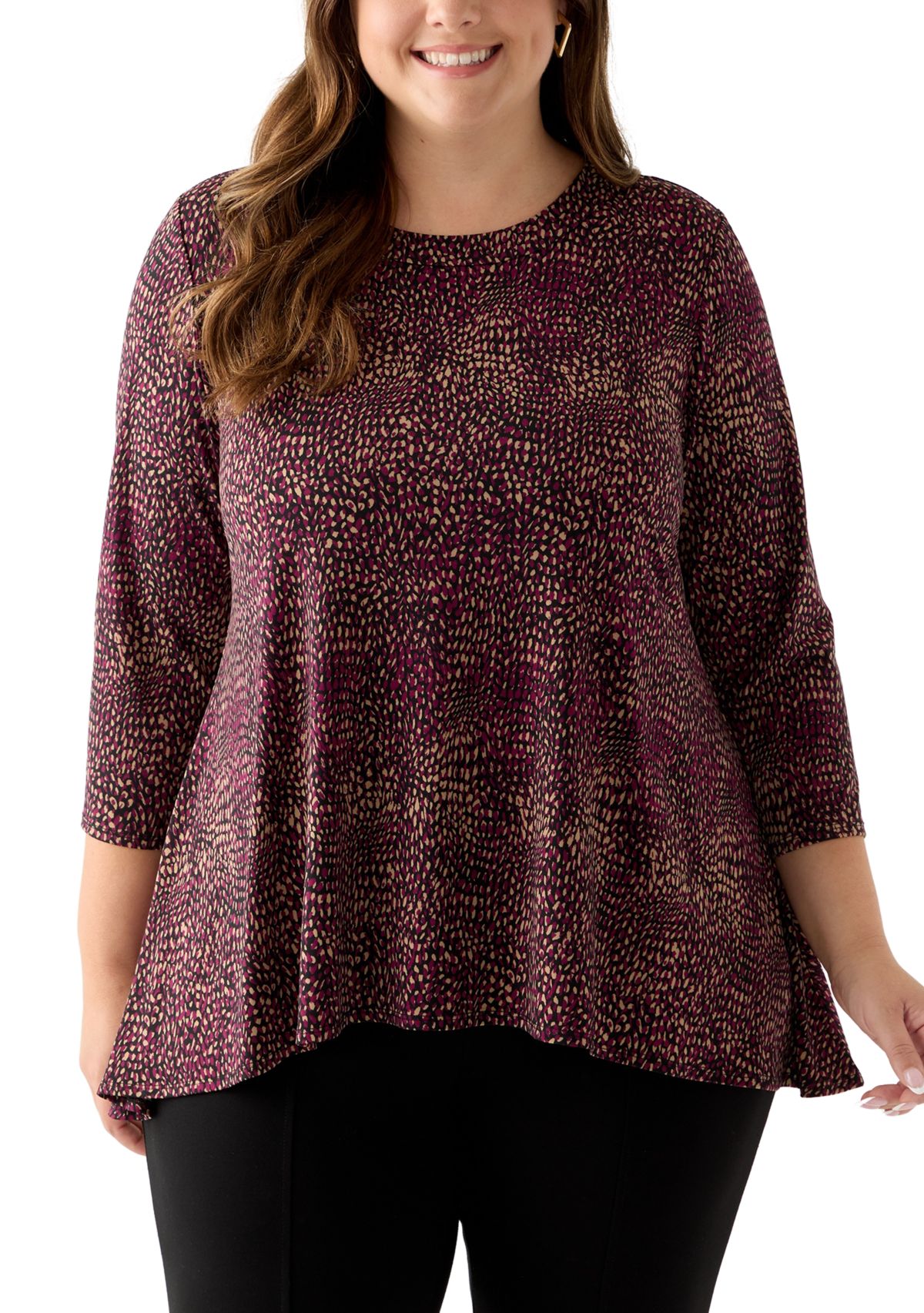 Plus Size 3/4 Drop Shoulder Printed Sharkbite Hem Tunic 