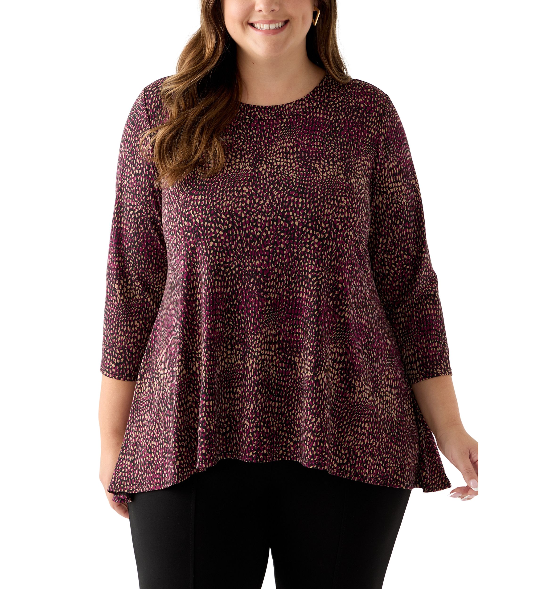 Plus Size 3/4 Drop Shoulder Printed Sharkbite Hem Tunic 