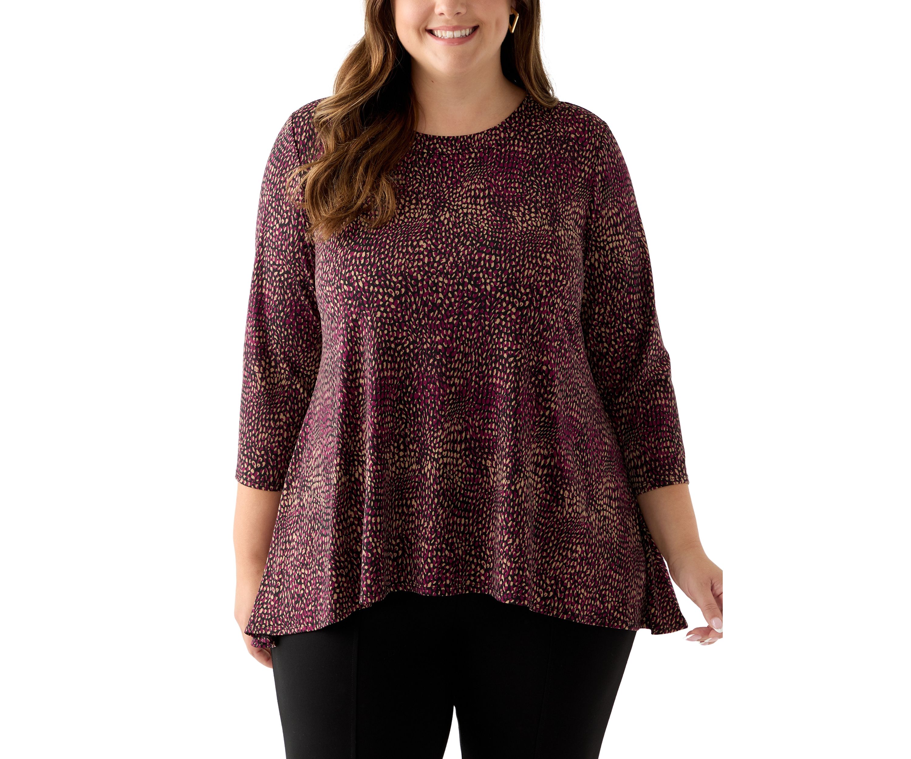Plus Size 3/4 Drop Shoulder Printed Sharkbite Hem Tunic 