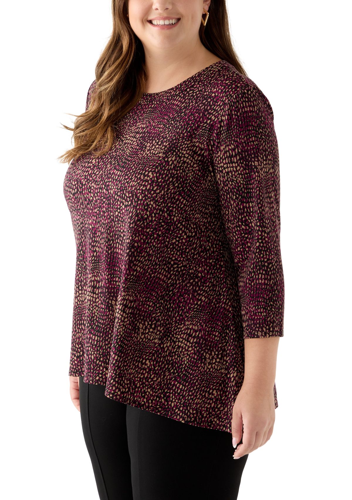 Plus Size 3/4 Drop Shoulder Printed Sharkbite Hem Tunic 
