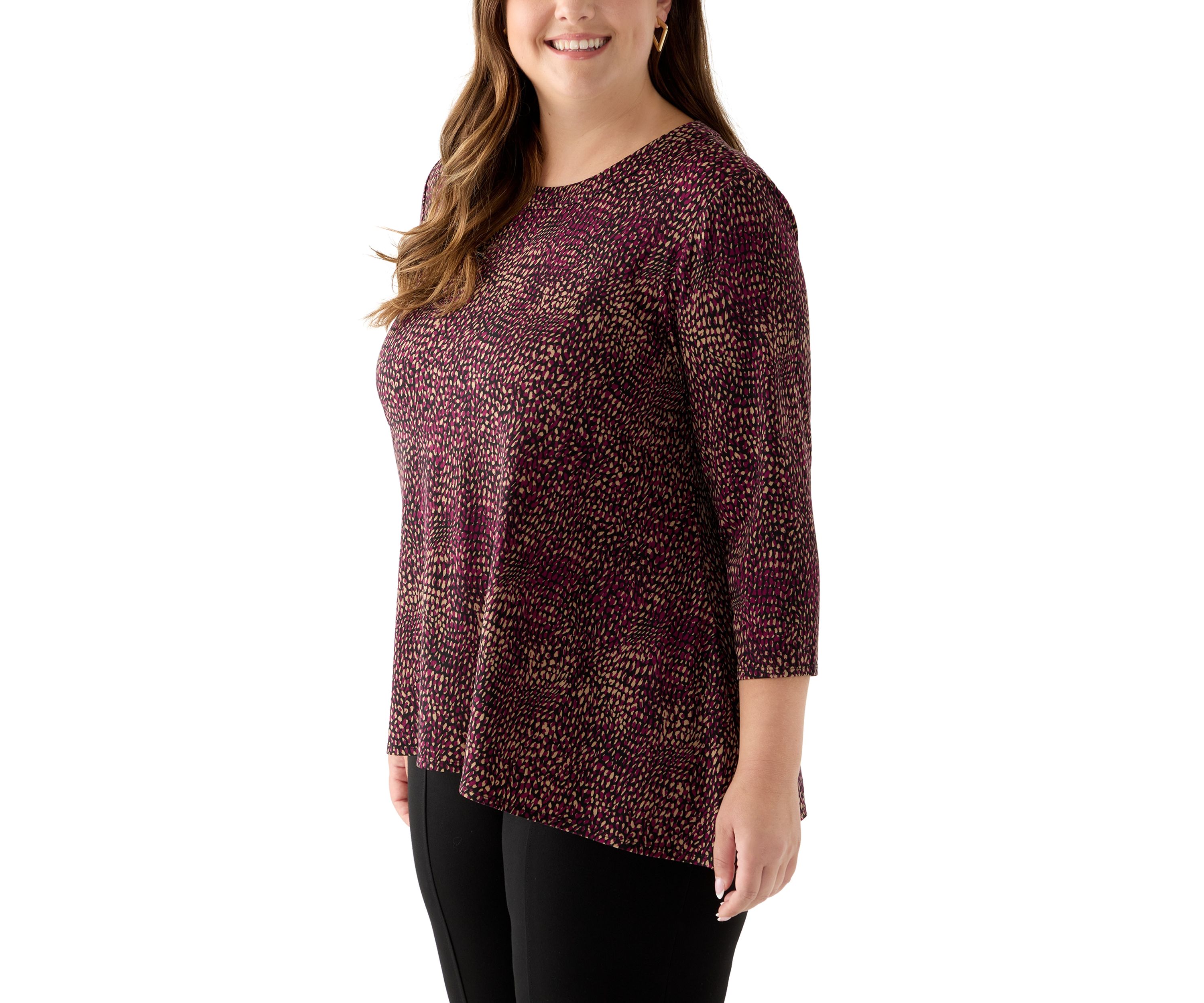 Plus Size 3/4 Drop Shoulder Printed Sharkbite Hem Tunic 