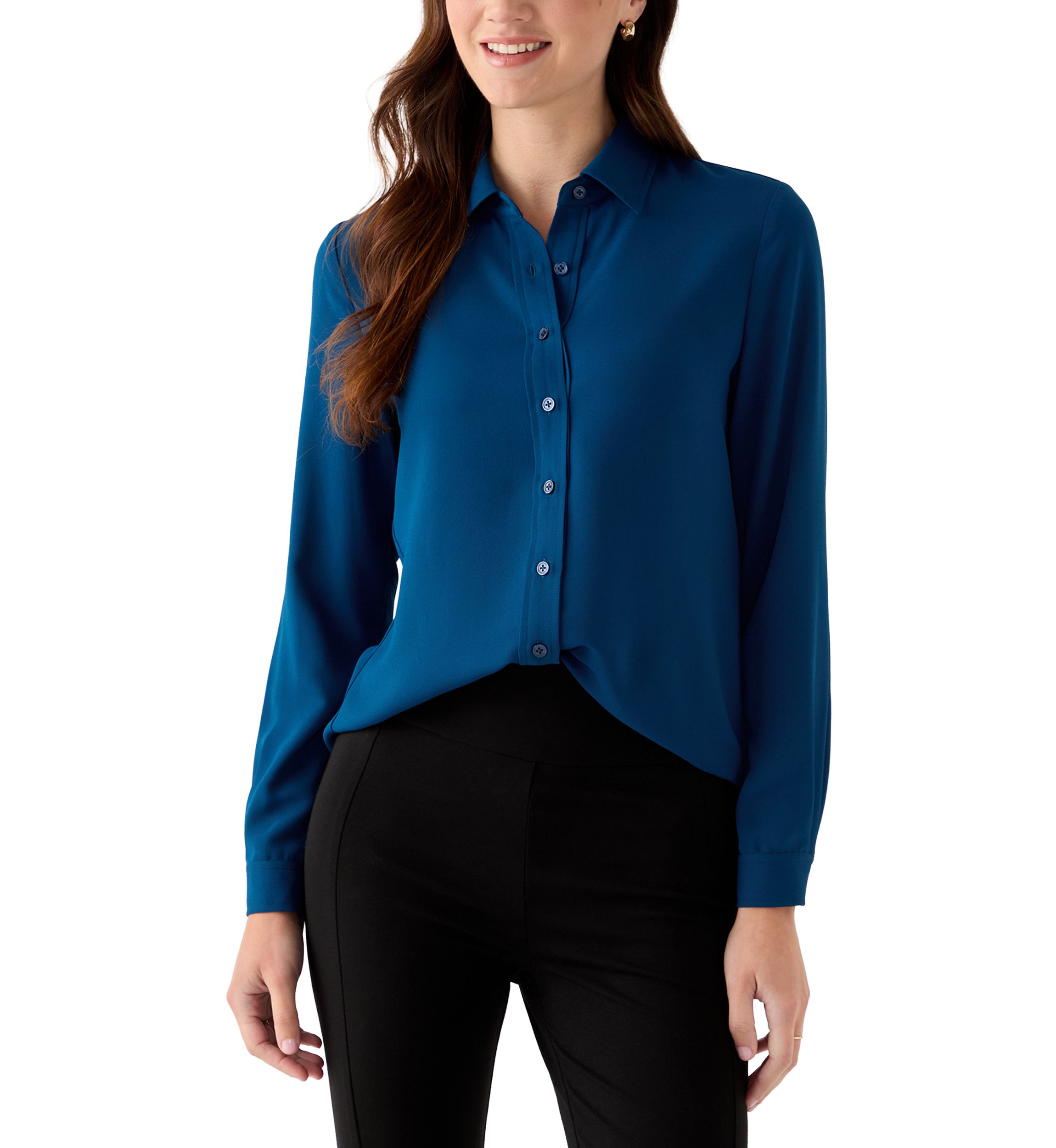 Petite Long Sleeve Button Front Utility Blouse 