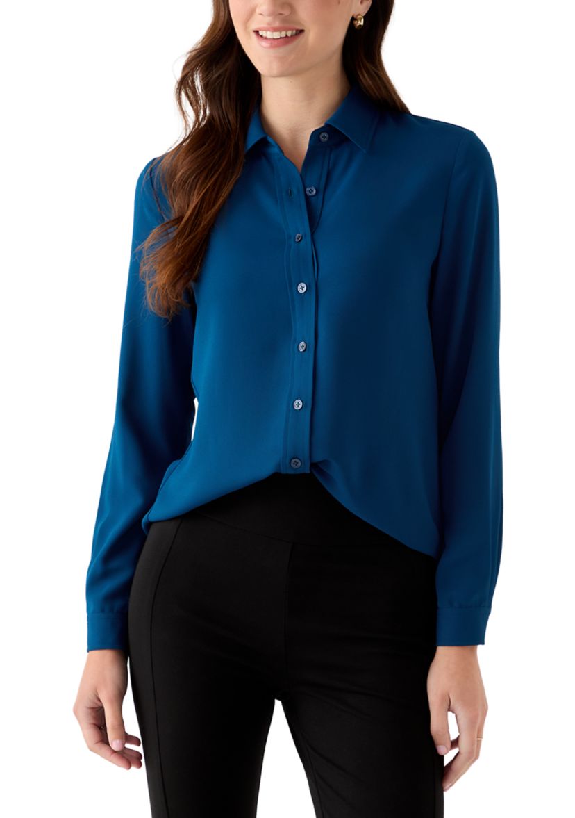 Petite Long Sleeve Button Front Utility Blouse 