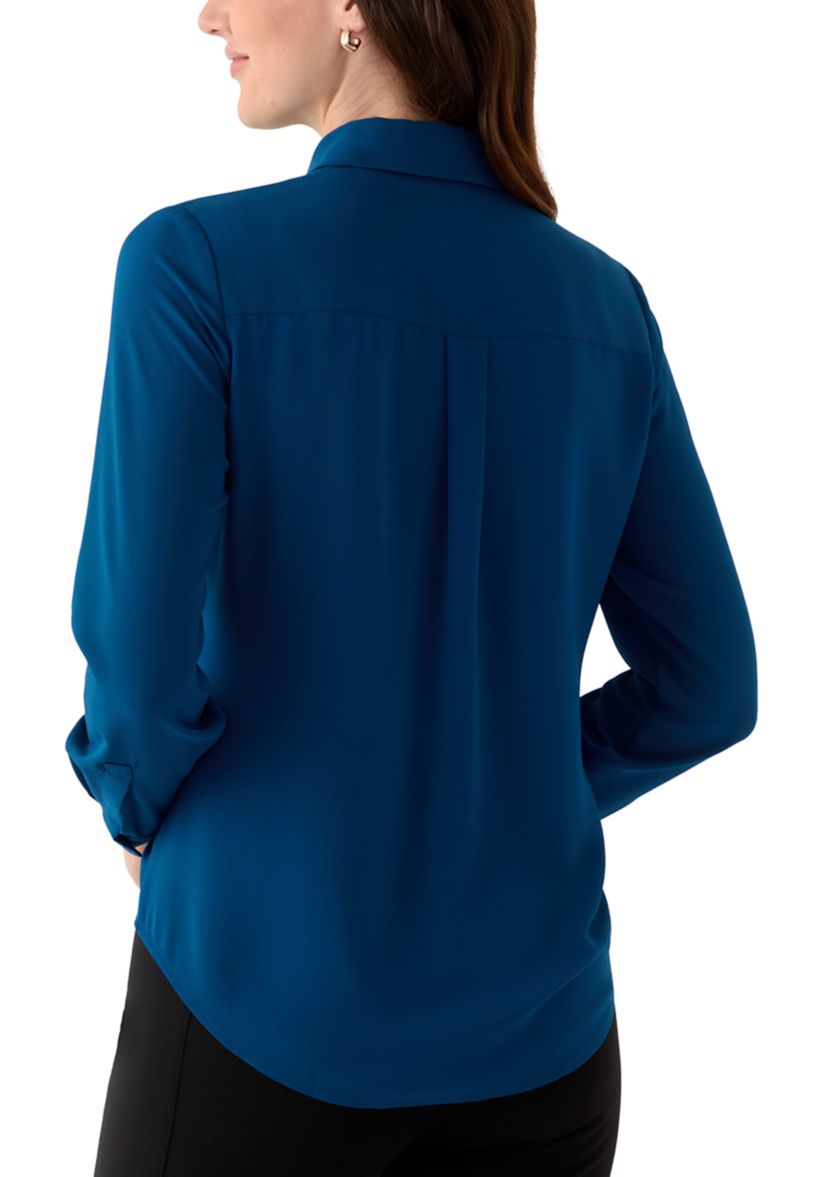 Petite Long Sleeve Button Front Utility Blouse 