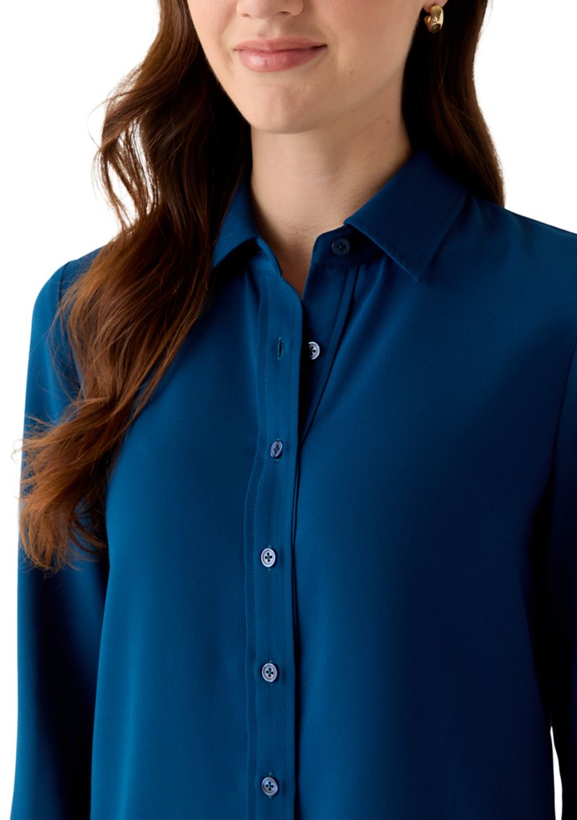 Petite Long Sleeve Button Front Utility Blouse 