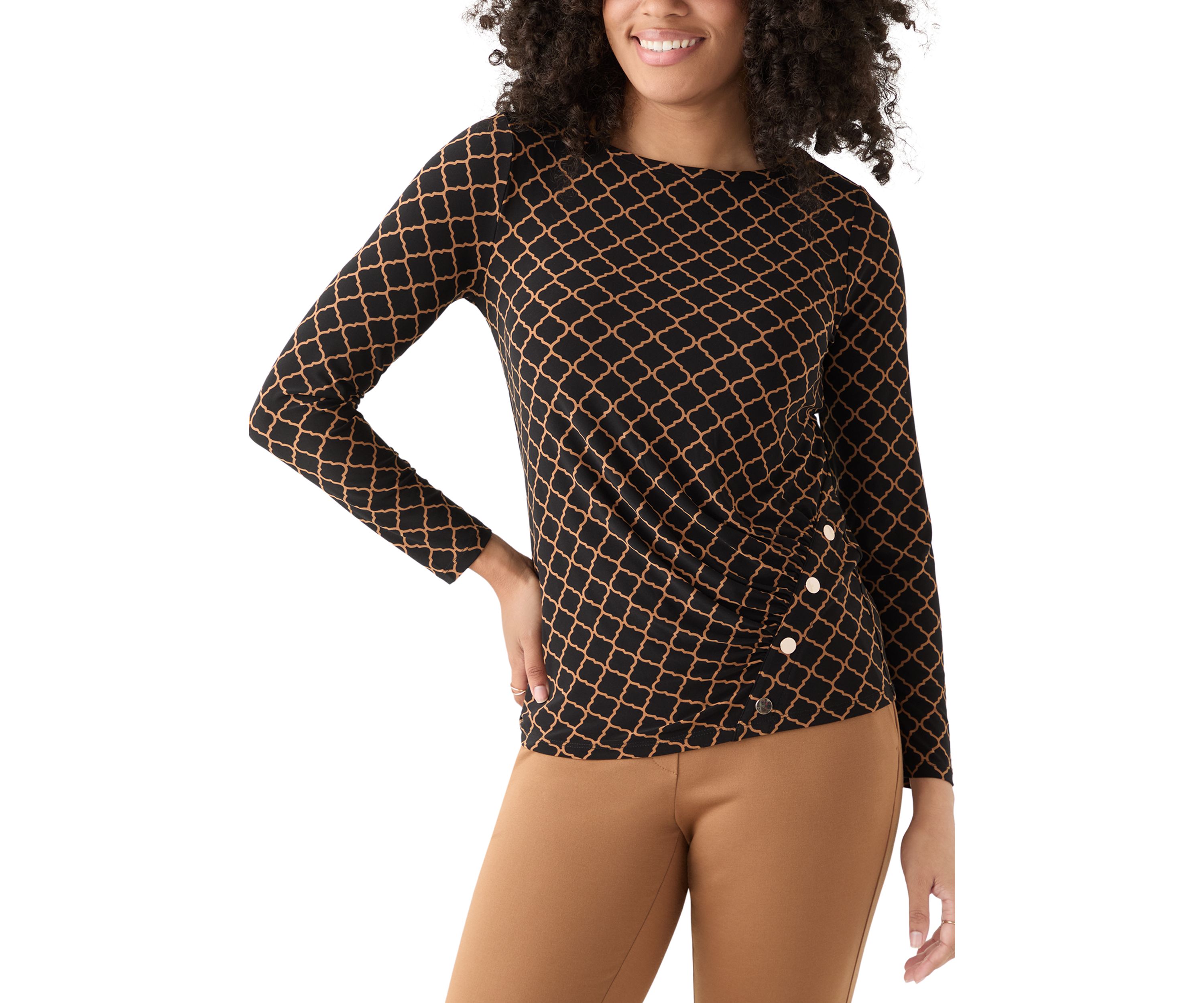 Womens Long Sleeve Ruched Front Printed Top 