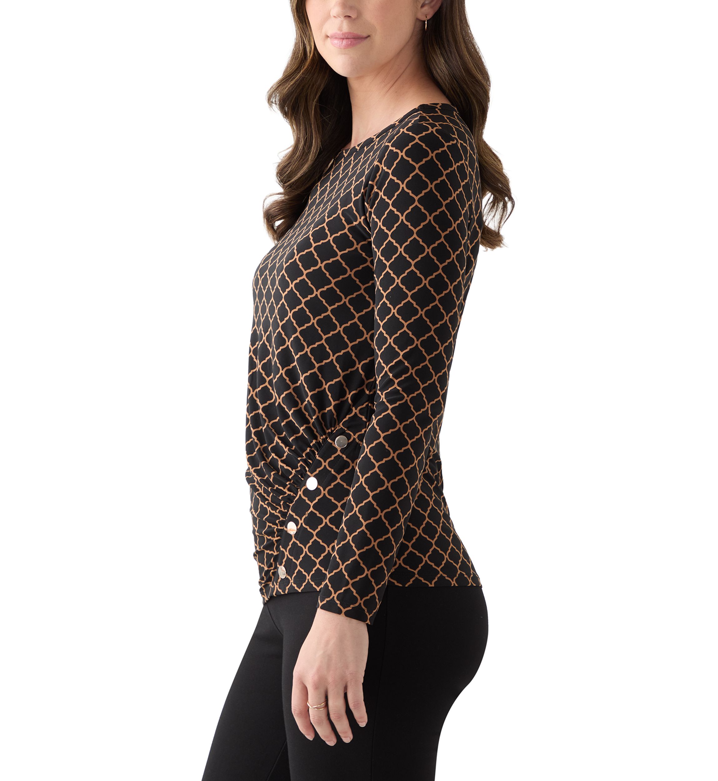 Womens Long Sleeve Ruched Front Printed Top 