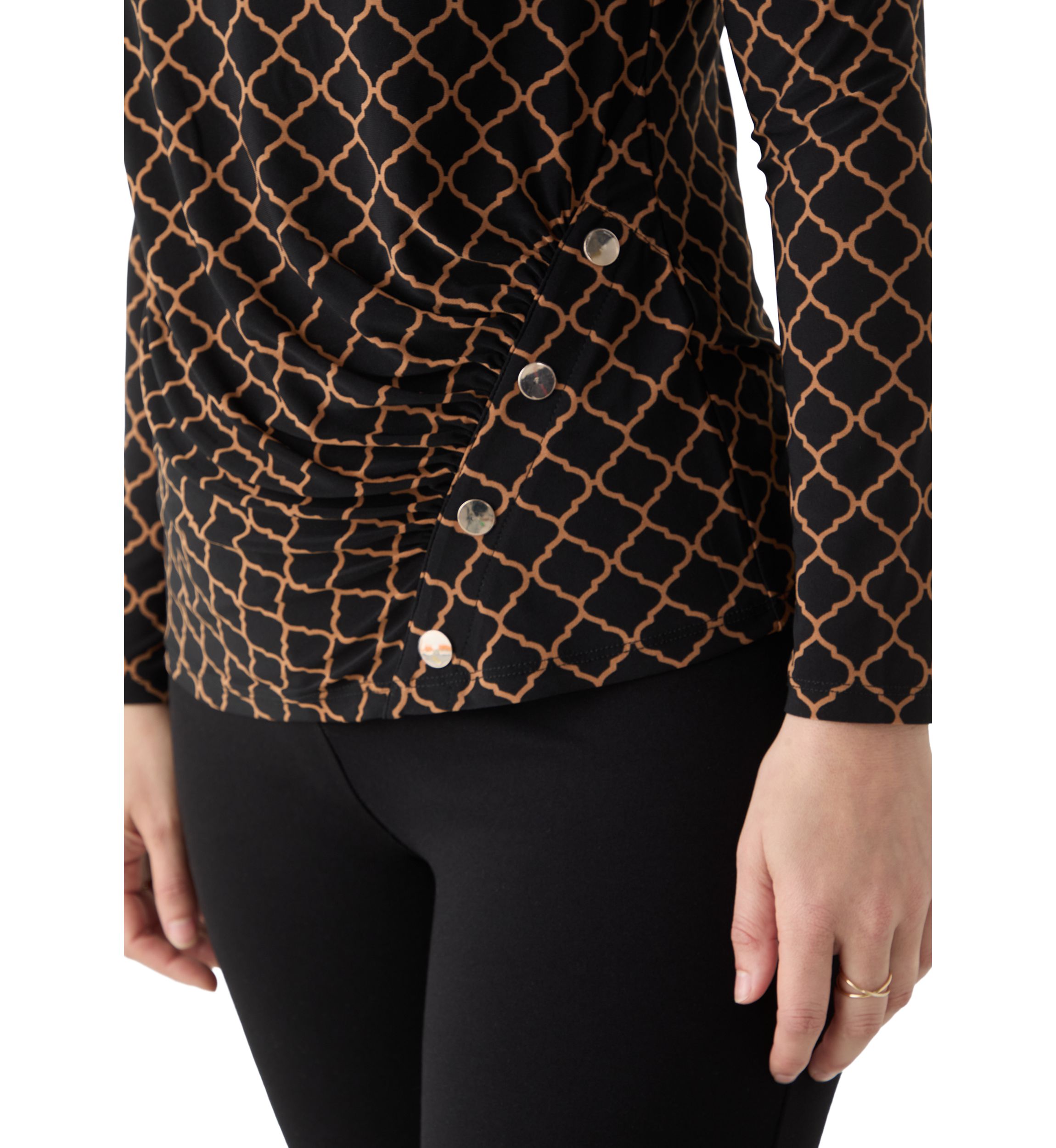 Womens Long Sleeve Ruched Front Printed Top 