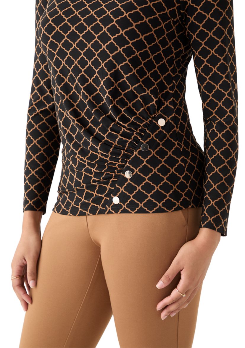 Womens Long Sleeve Ruched Front Printed Top 