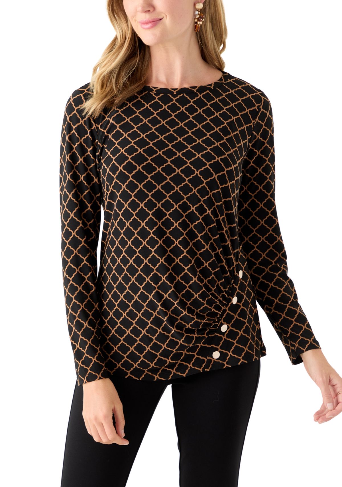 Petite Printed Long Sleeve Front Ruched Top with Rivets
