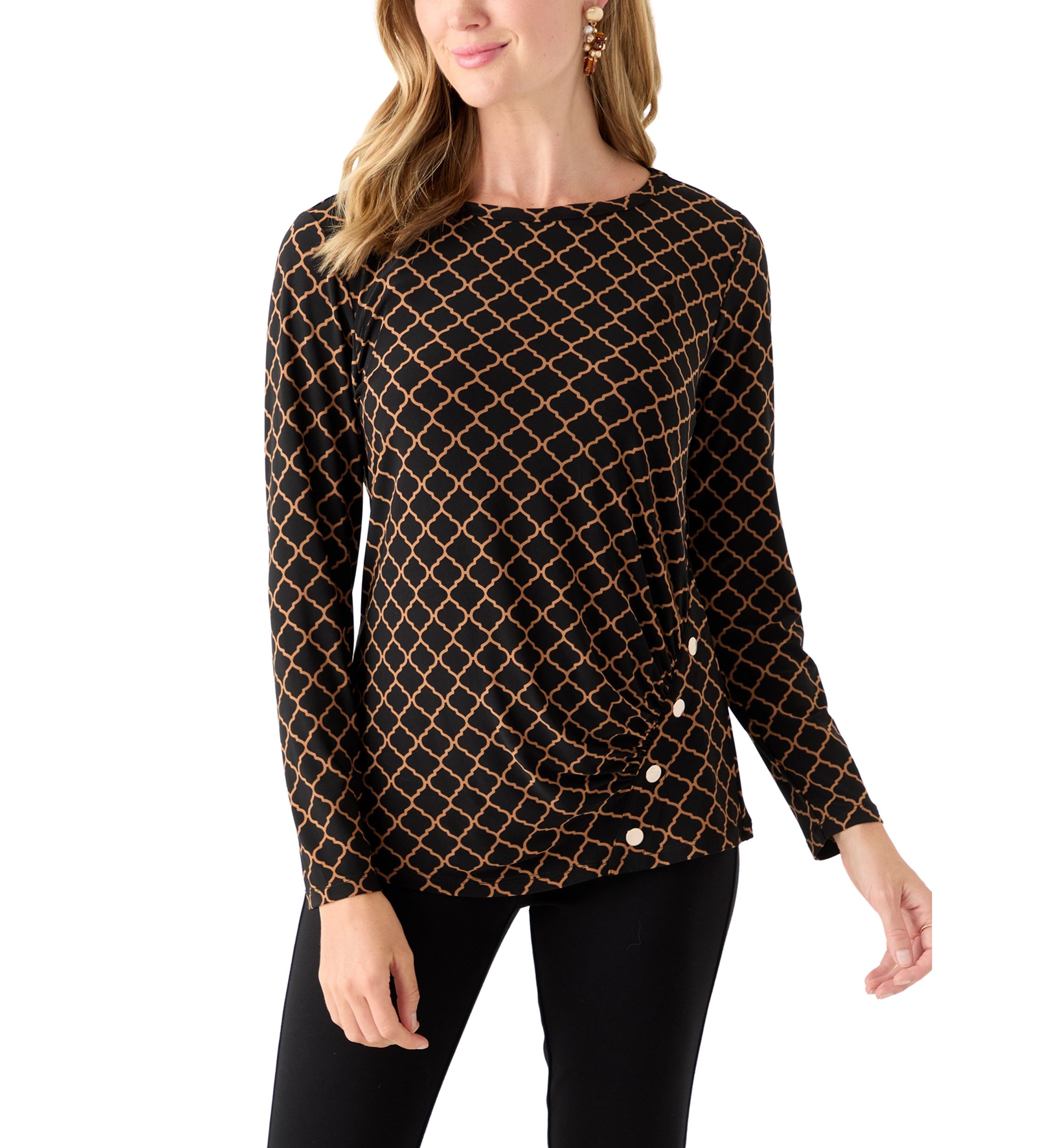 Petite Printed Long Sleeve Front Ruched Top with Rivets