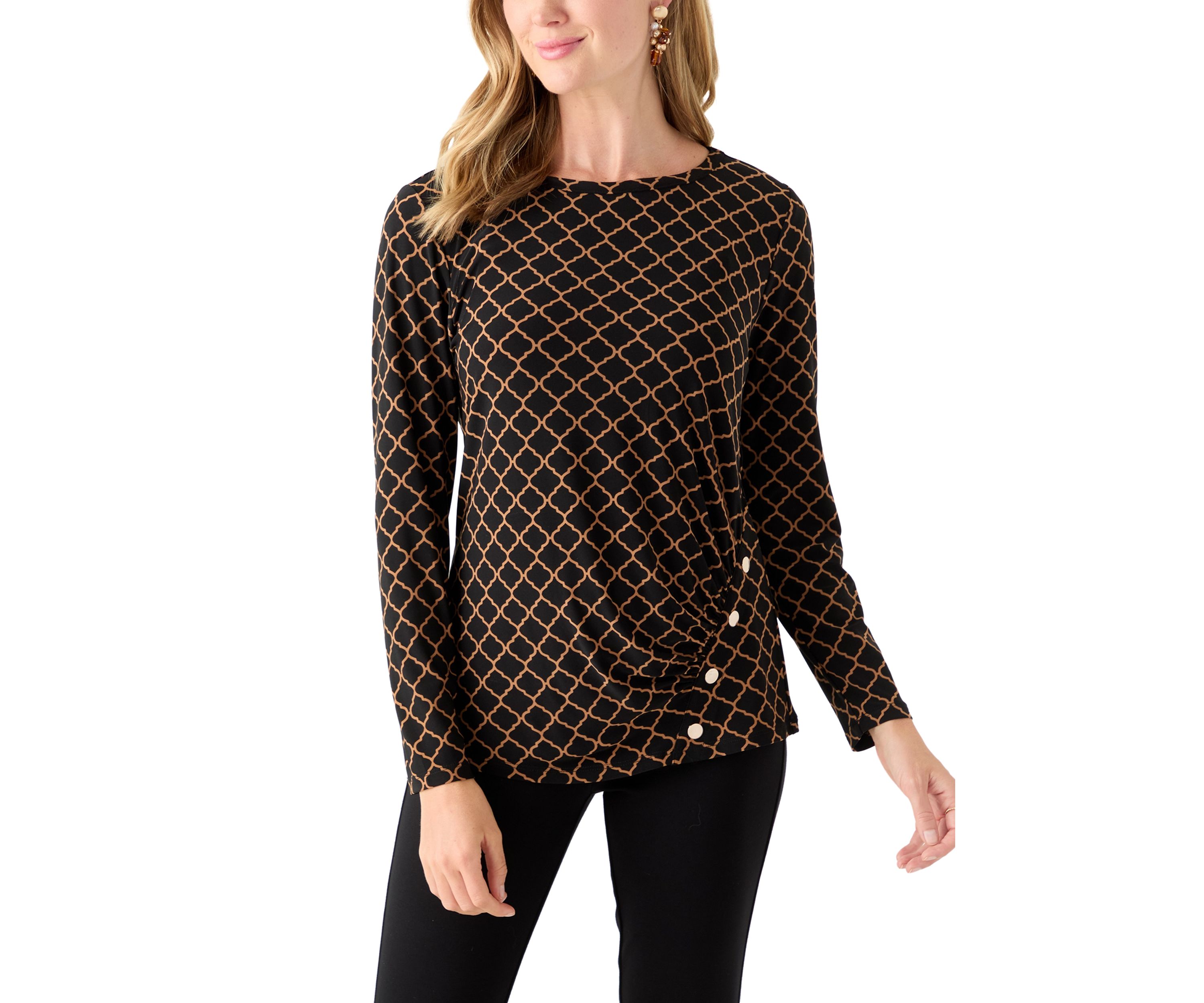 Petite Printed Long Sleeve Front Ruched Top with Rivets