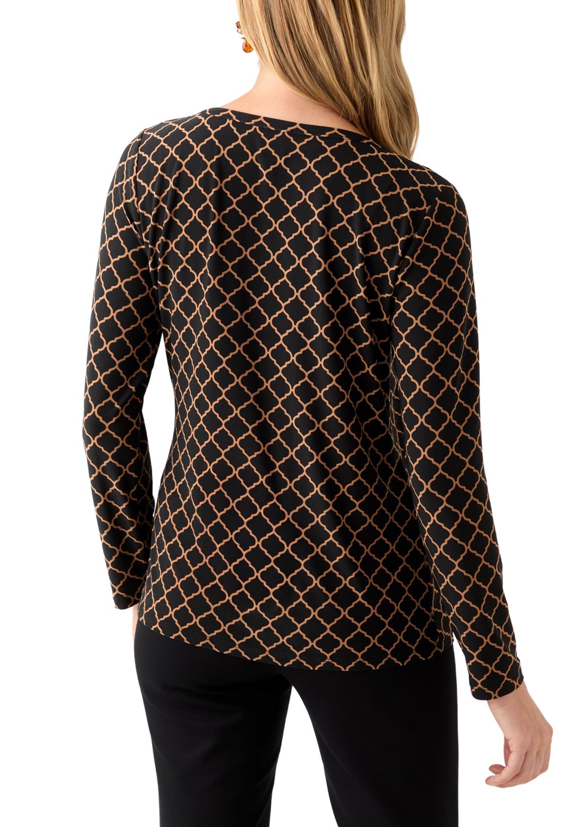 Petite Printed Long Sleeve Front Ruched Top with Rivets