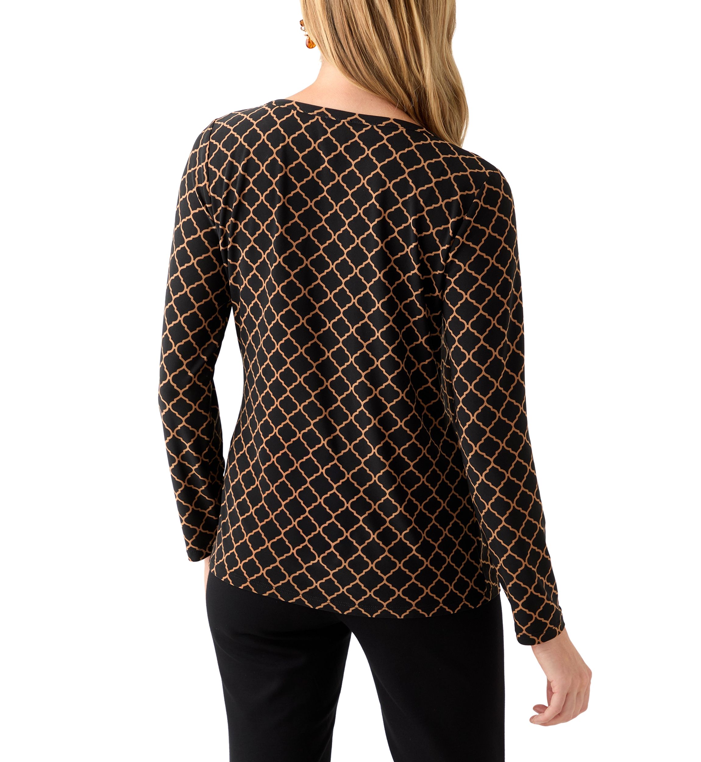Petite Printed Long Sleeve Front Ruched Top with Rivets