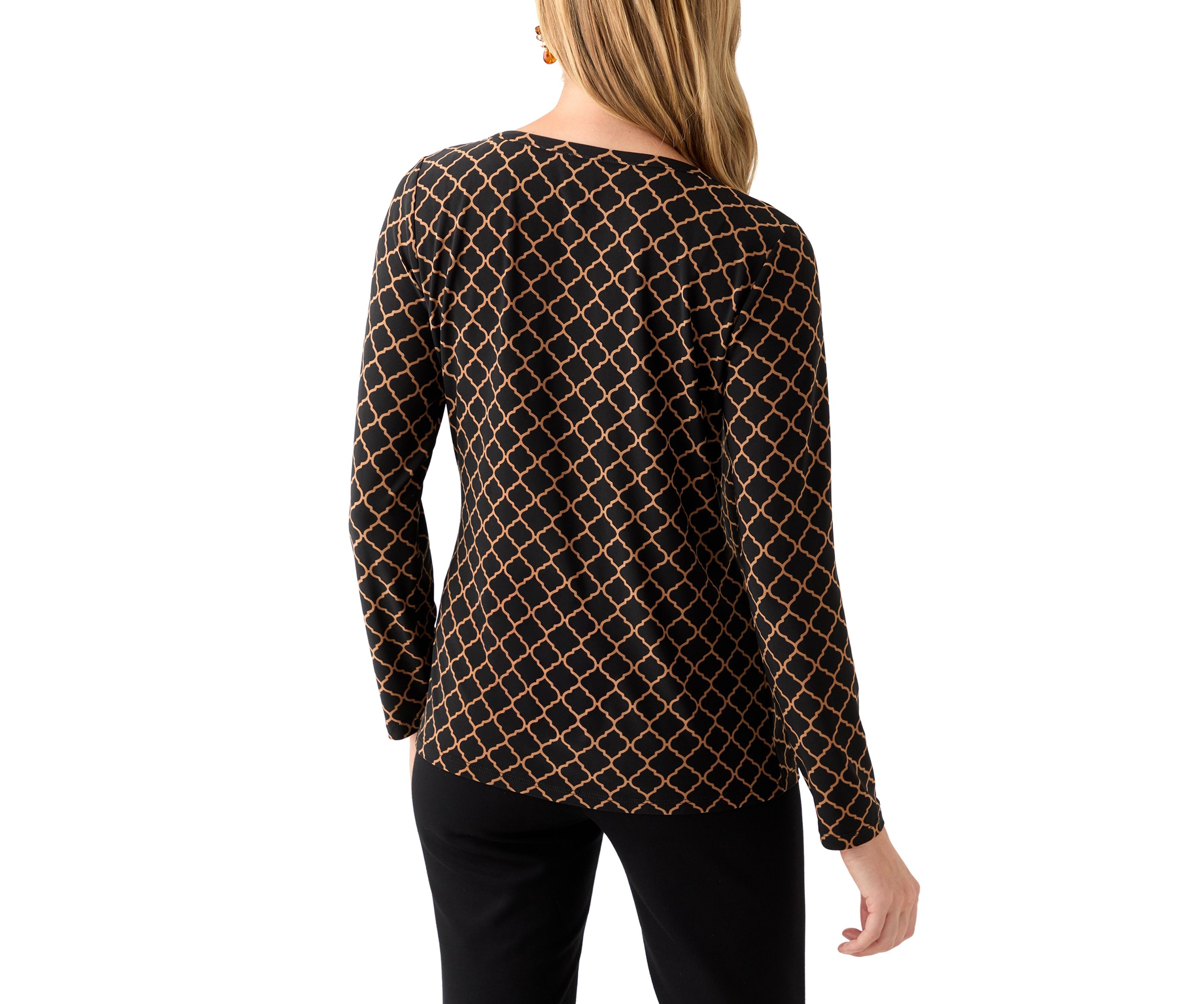 Petite Printed Long Sleeve Front Ruched Top with Rivets