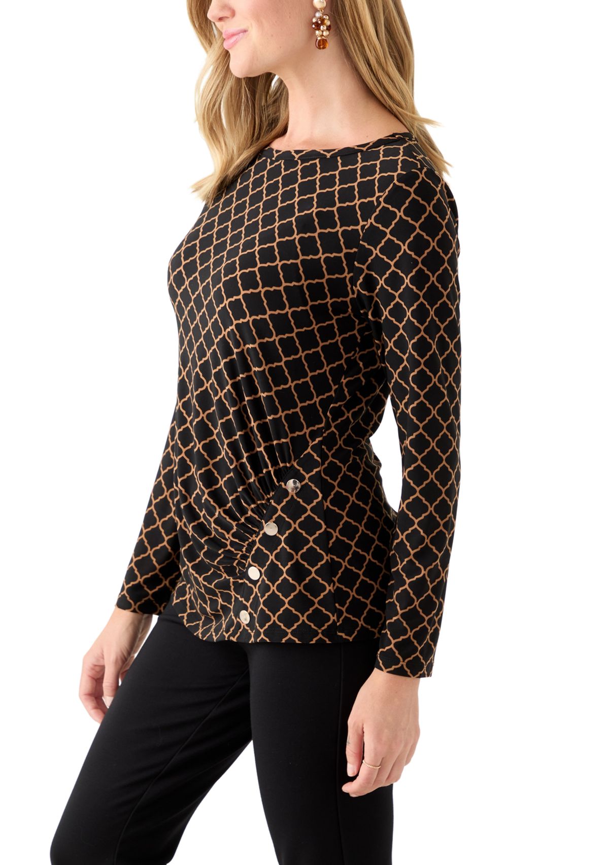 Petite Printed Long Sleeve Front Ruched Top with Rivets