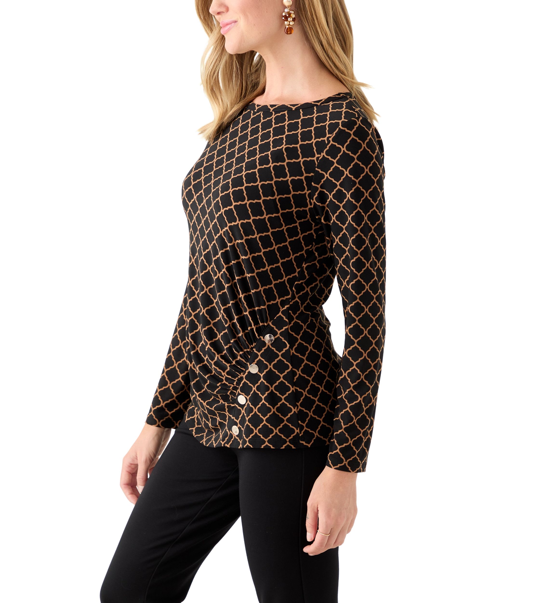 Petite Printed Long Sleeve Front Ruched Top with Rivets