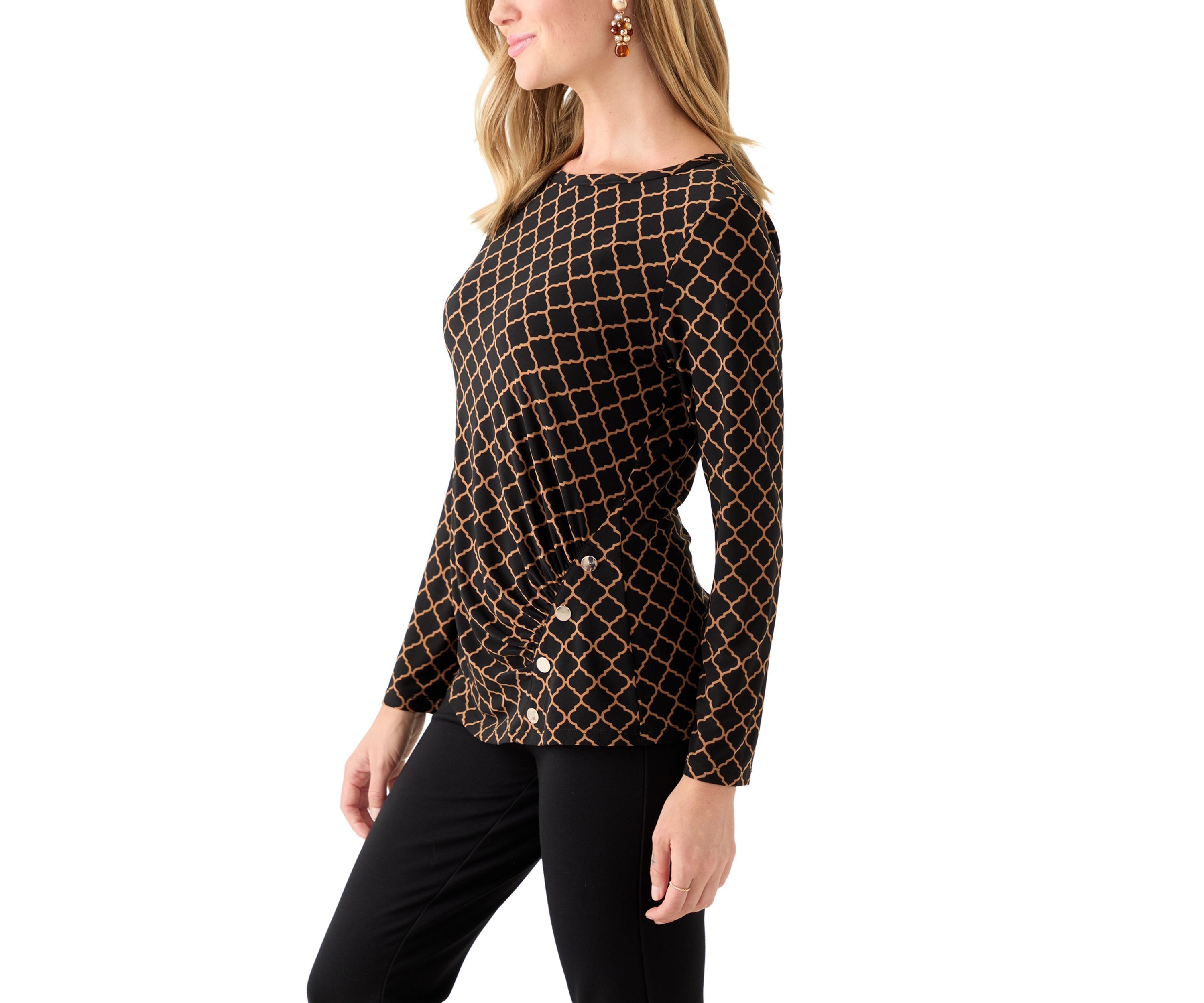 Petite Printed Long Sleeve Front Ruched Top with Rivets