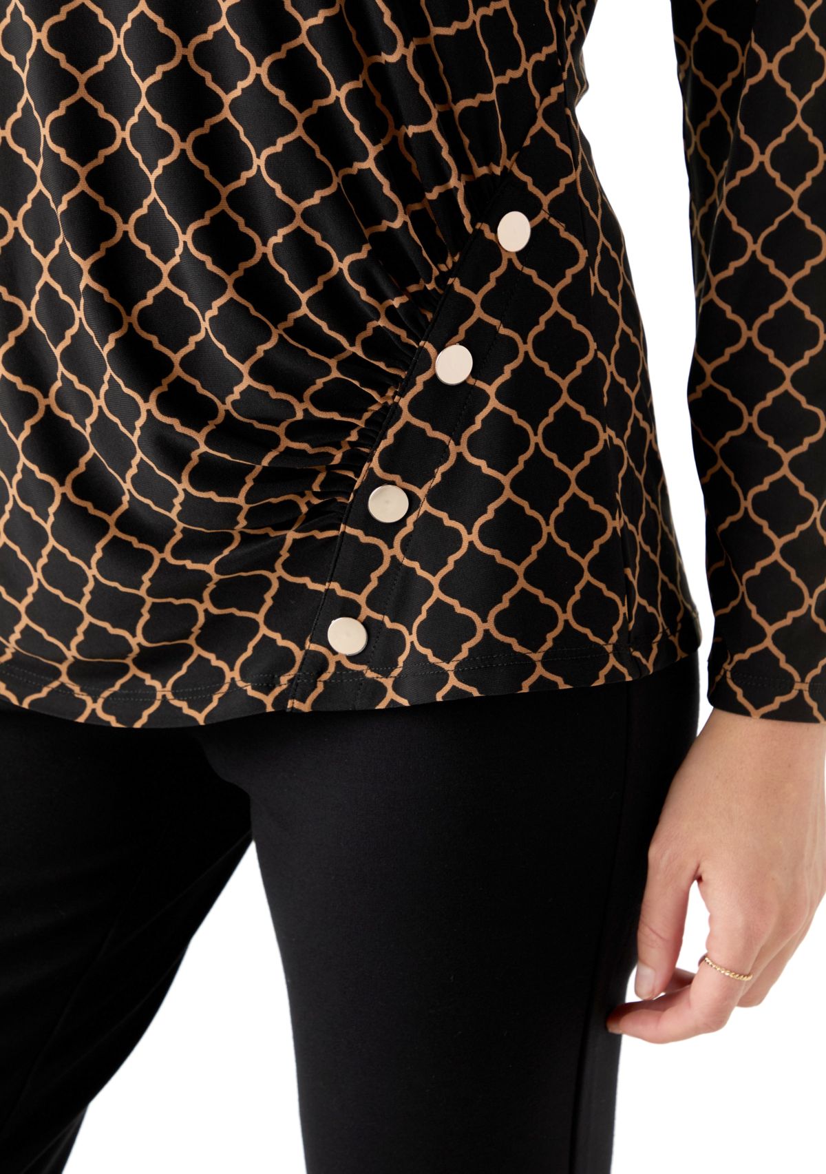 Petite Printed Long Sleeve Front Ruched Top with Rivets