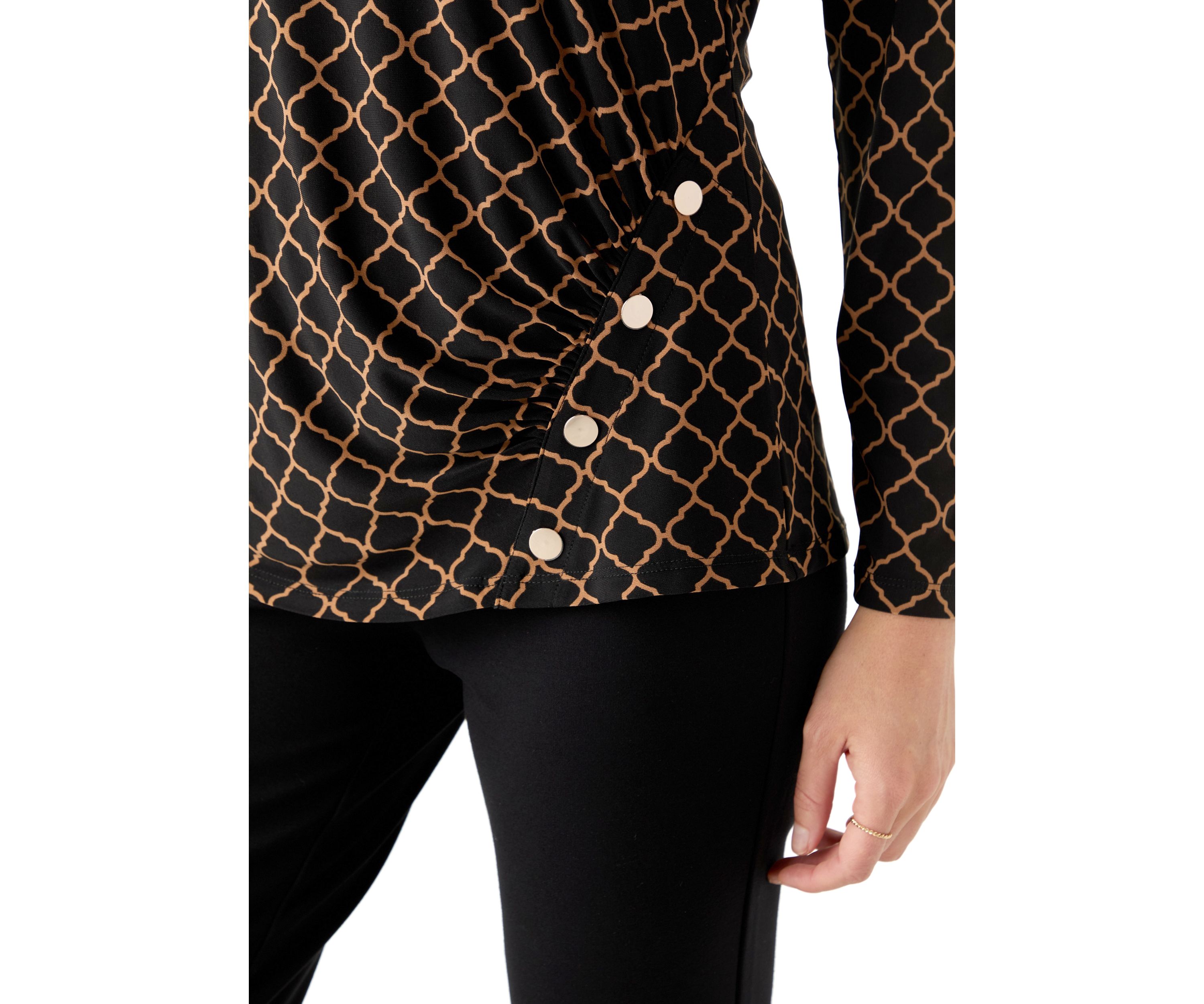 Petite Printed Long Sleeve Front Ruched Top with Rivets