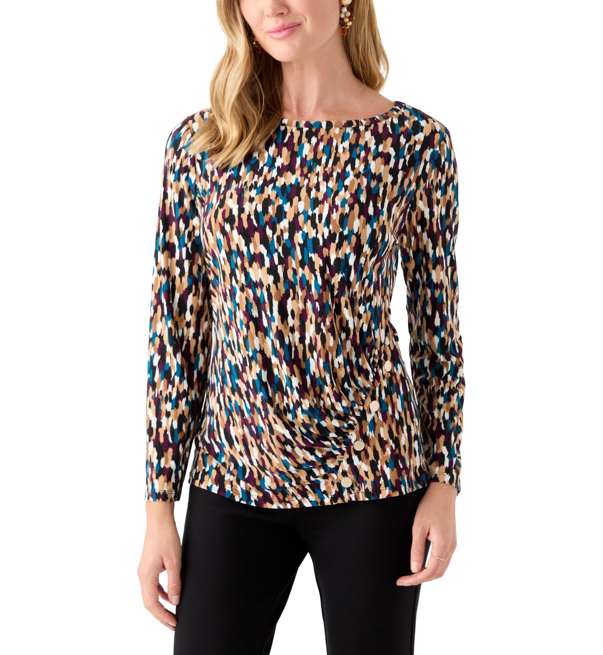 Petite Printed Long Sleeve Front Ruched Top with Rivets