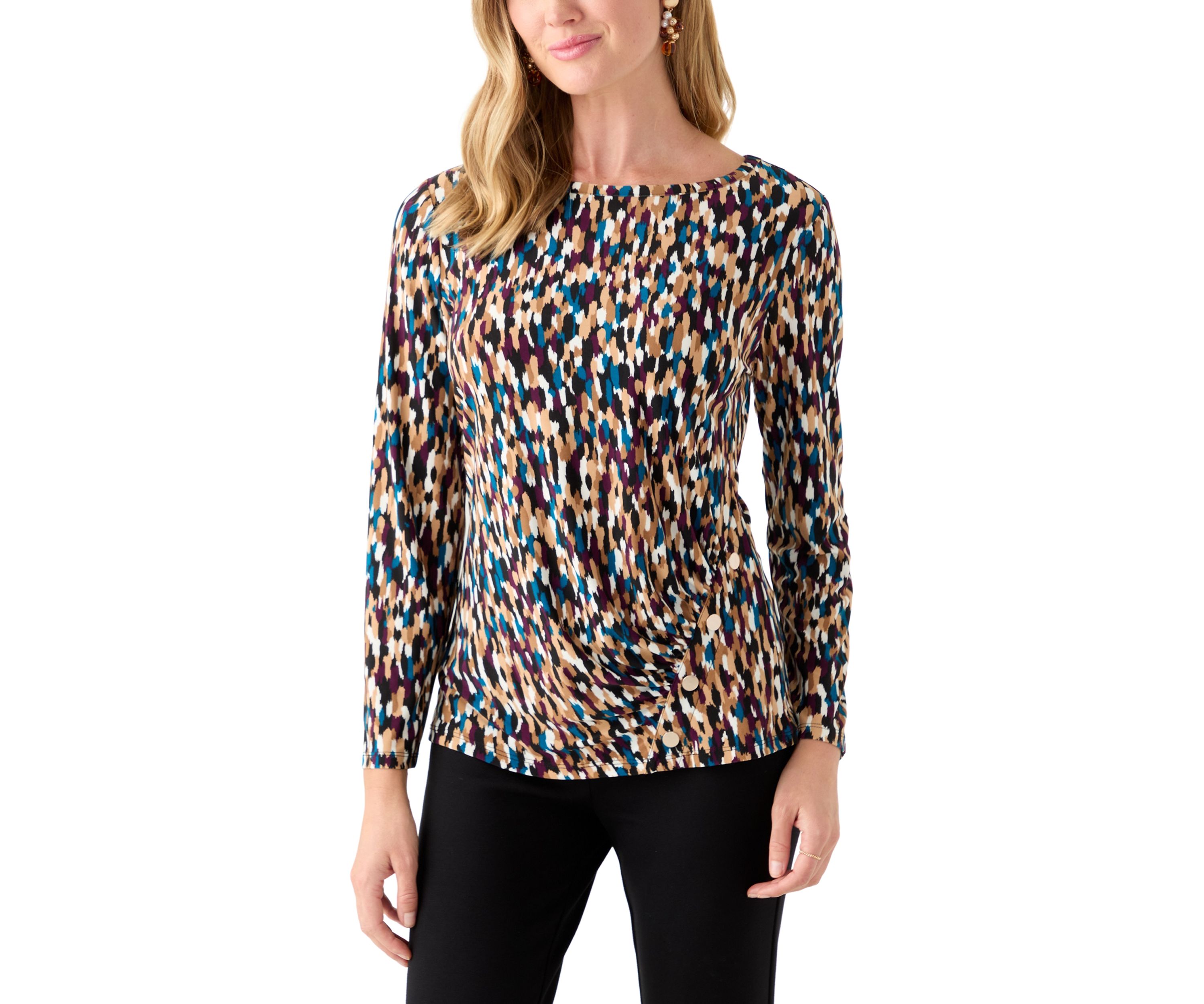 Petite Printed Long Sleeve Front Ruched Top with Rivets