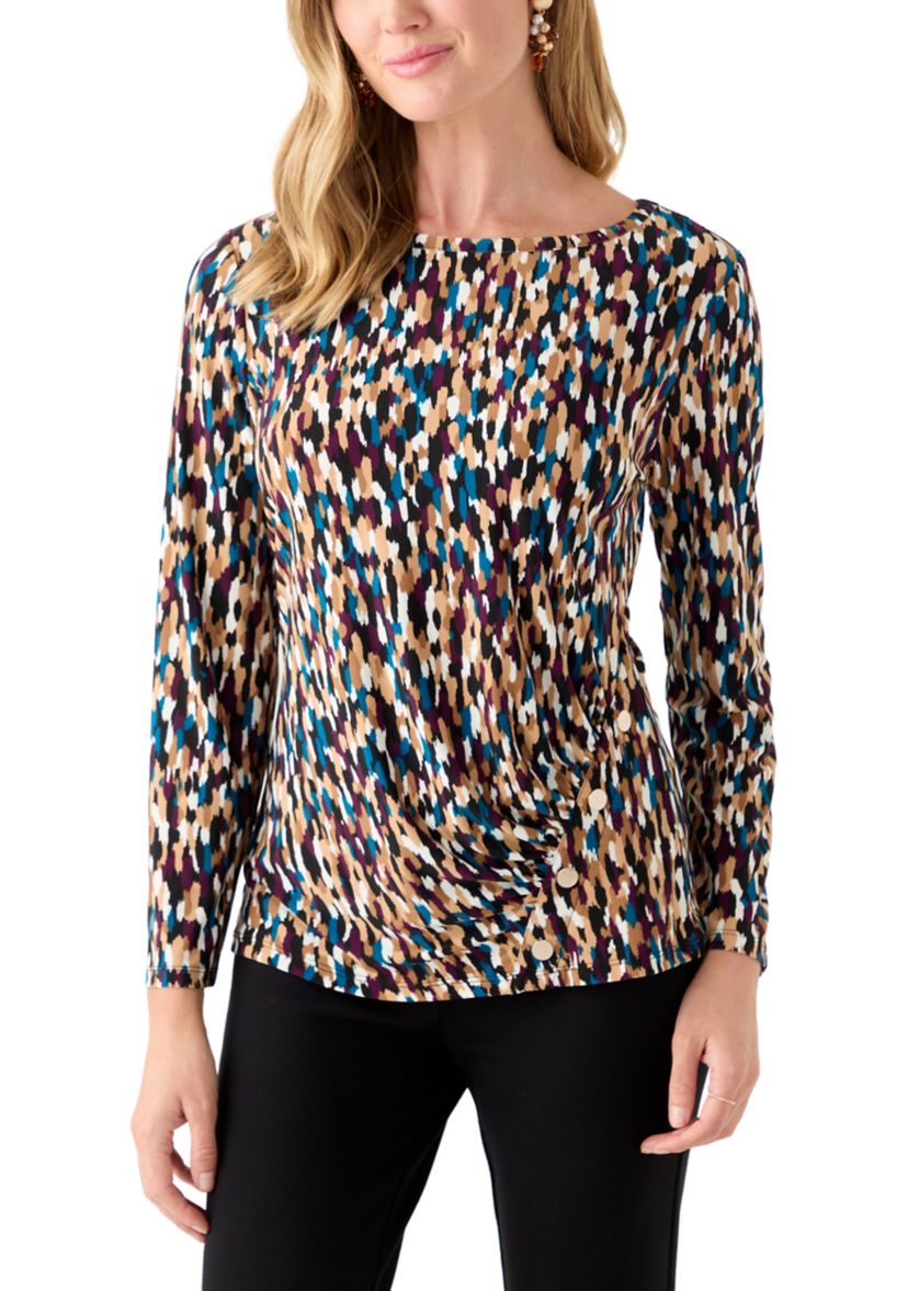 Petite Printed Long Sleeve Front Ruched Top with Rivets