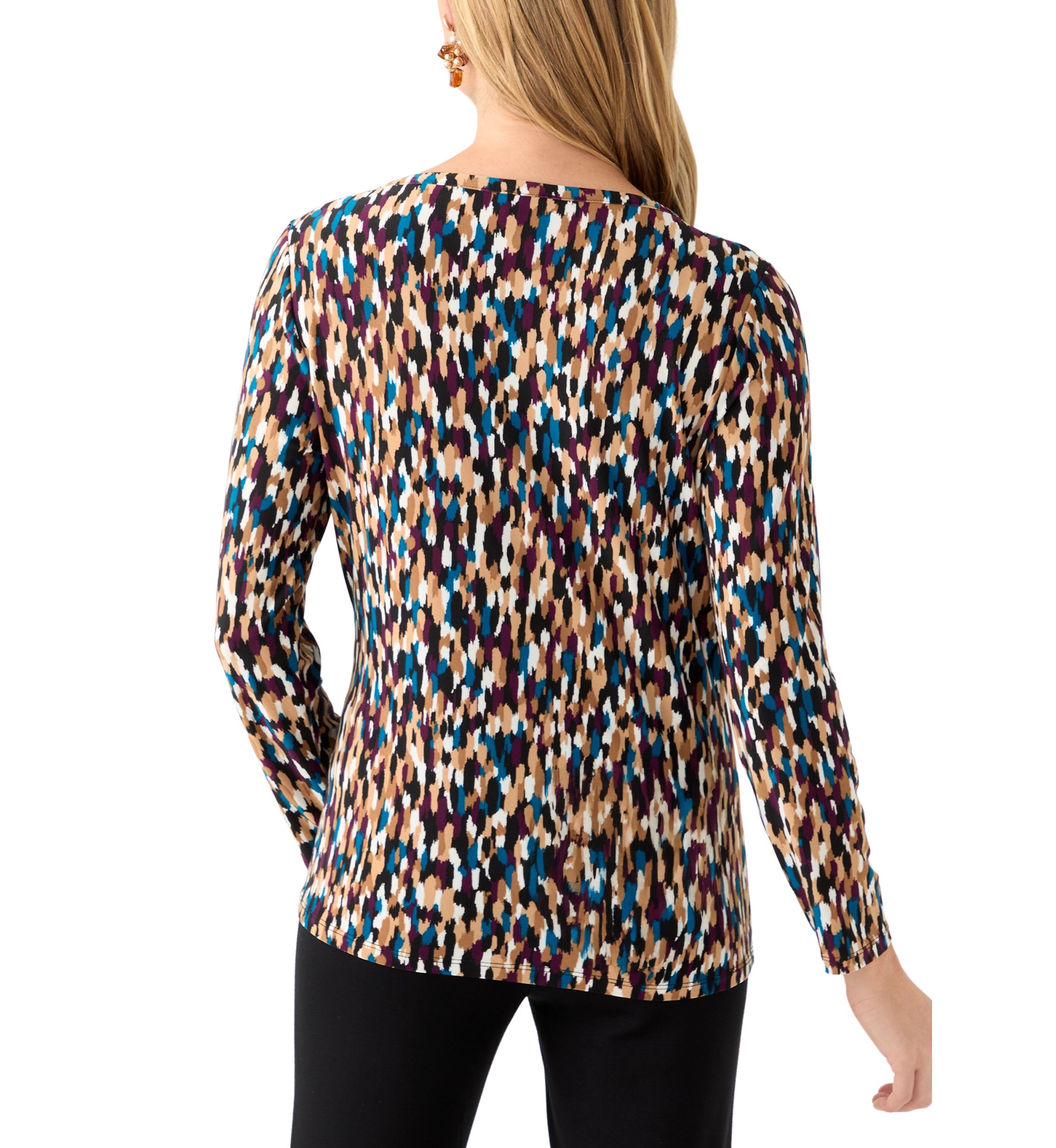 Petite Printed Long Sleeve Front Ruched Top with Rivets