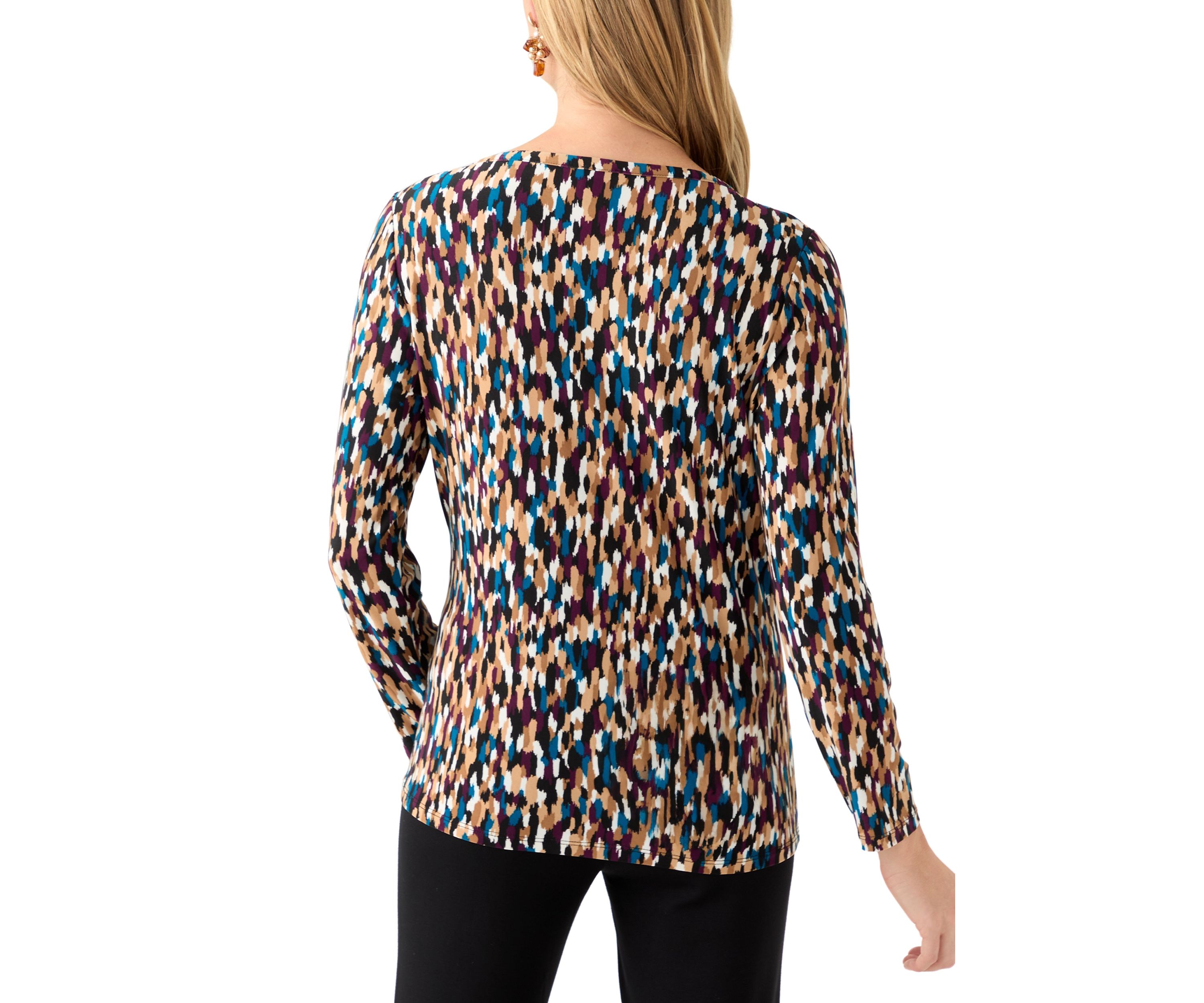Petite Printed Long Sleeve Front Ruched Top with Rivets