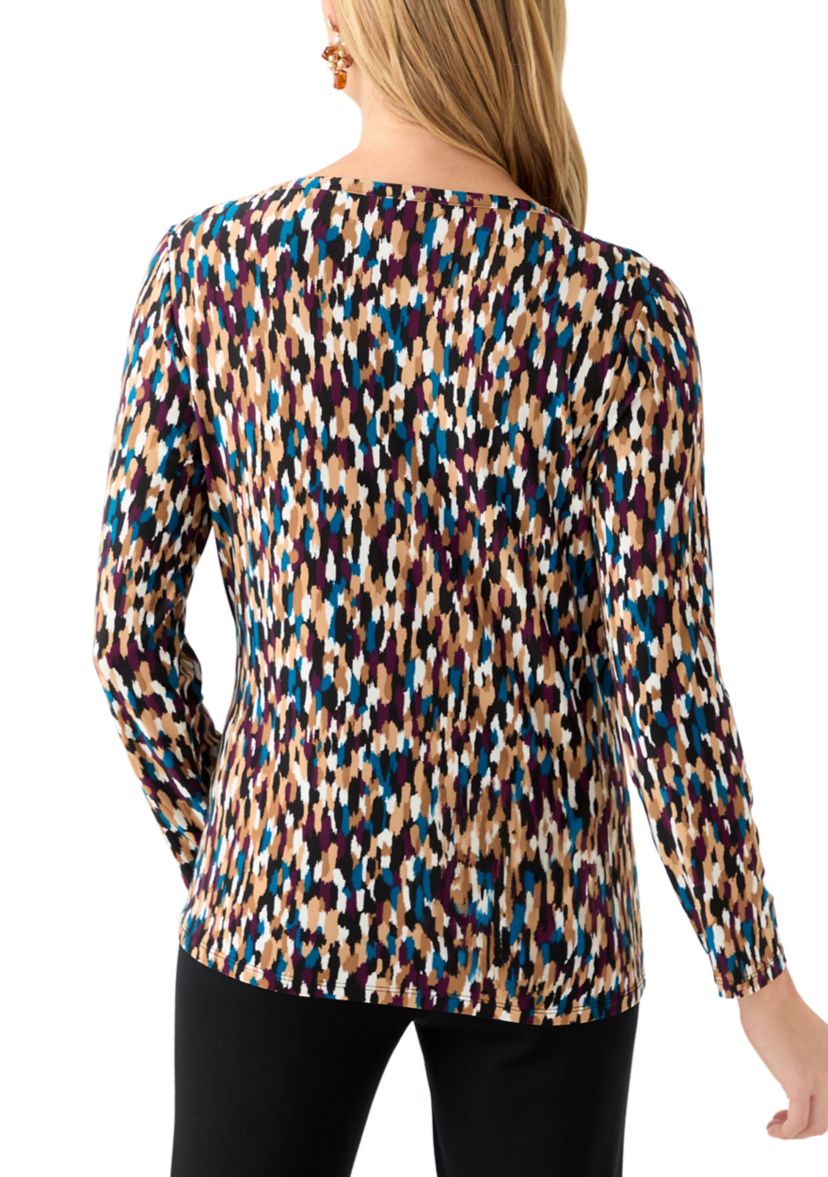 Petite Printed Long Sleeve Front Ruched Top with Rivets